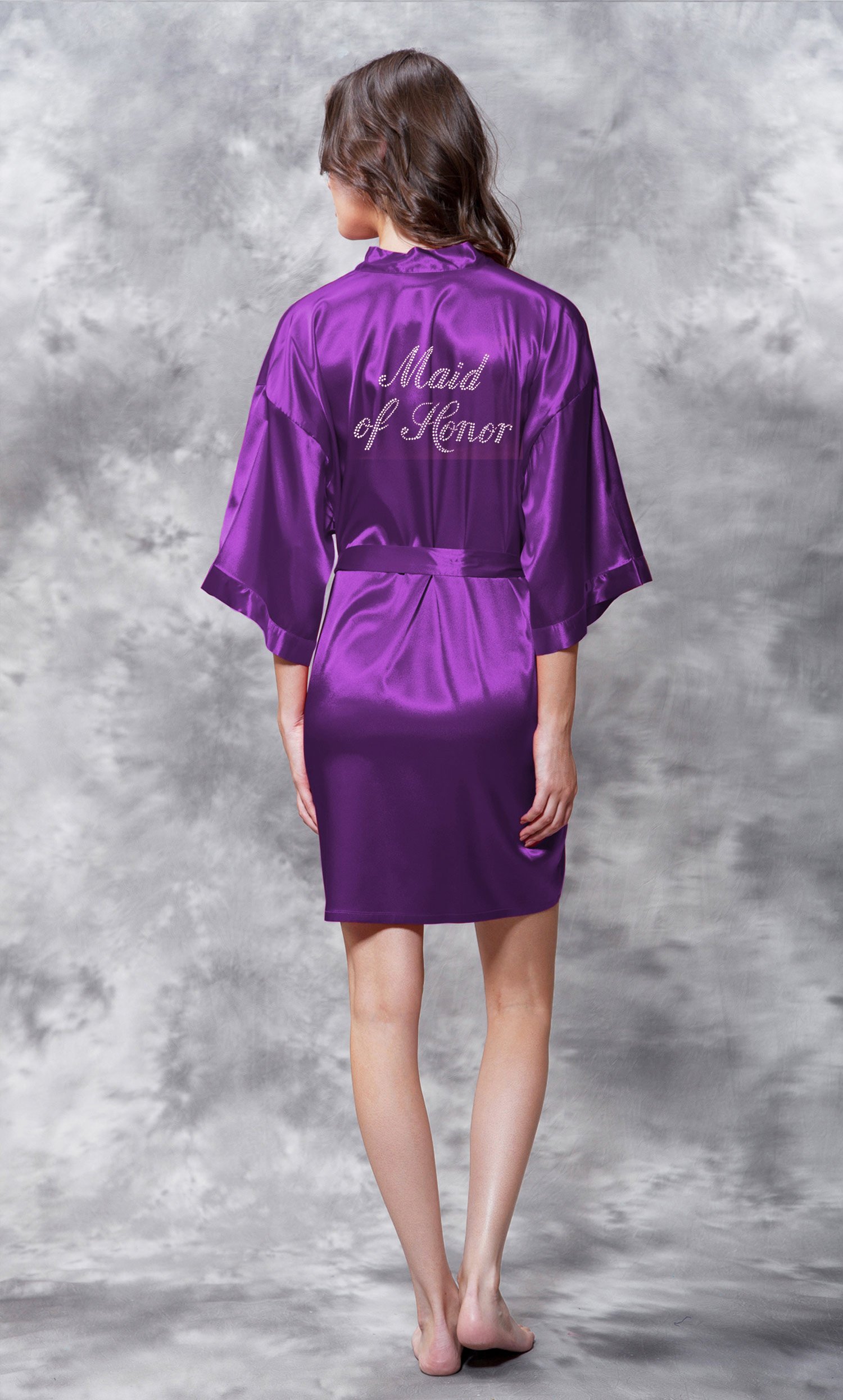 Maid of Honor Clear Rhinestone Satin Kimono Purple Short Robe-Robemart.com
