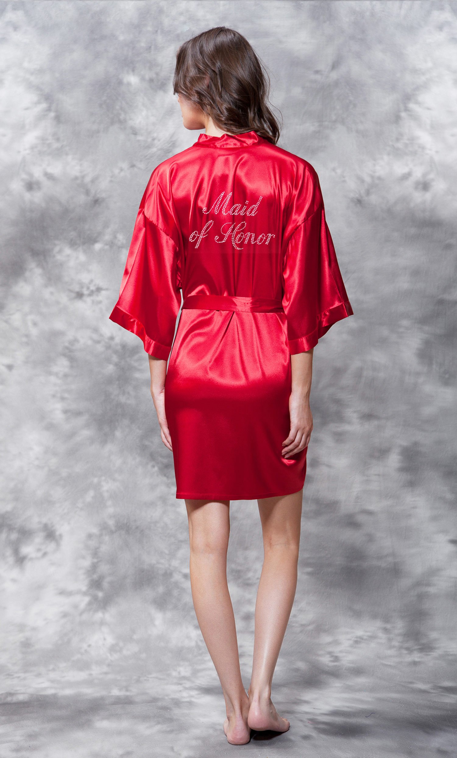 Maid of Honor Clear Rhinestone Satin Kimono Red Short Robe-Robemart.com