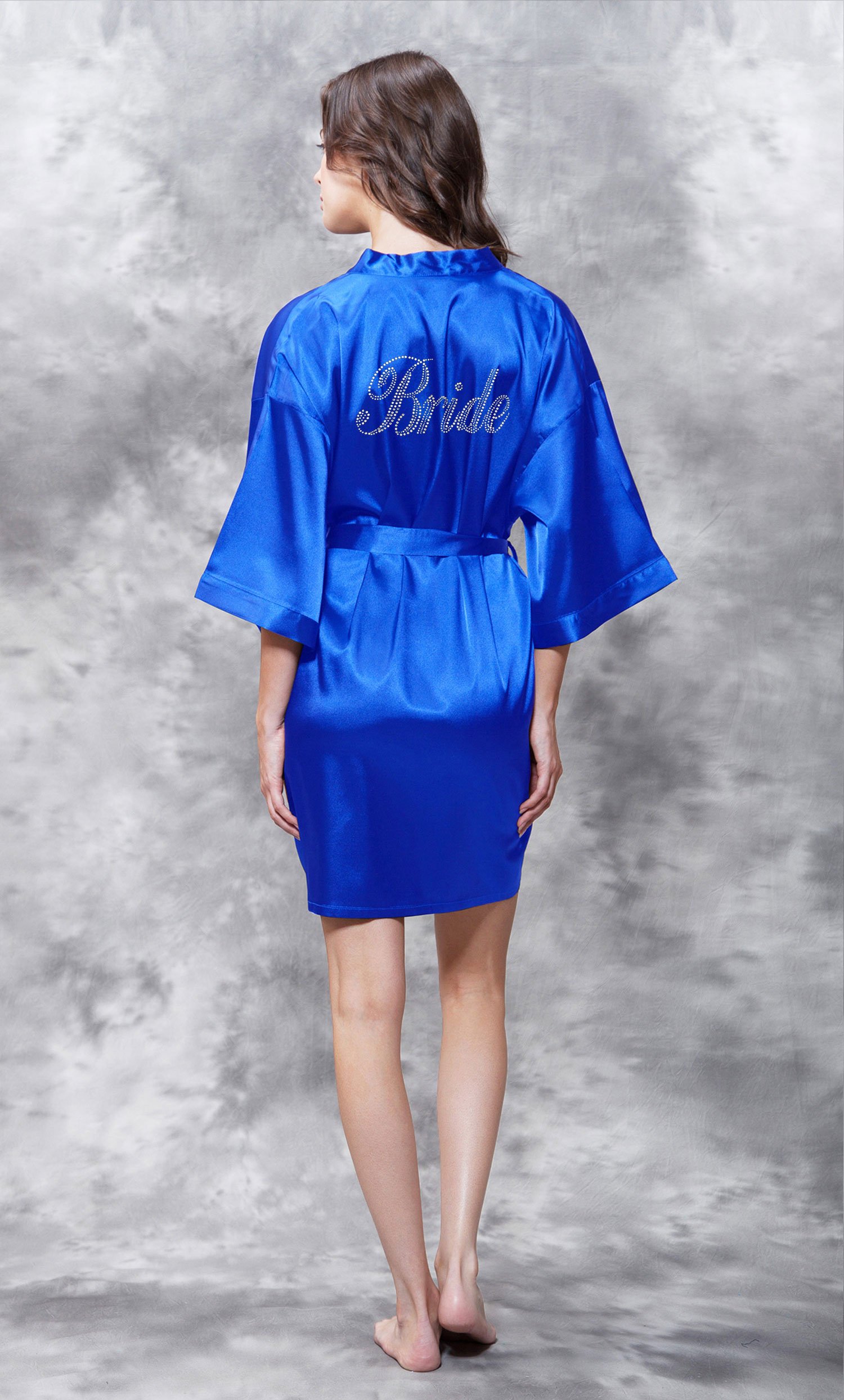 Bride Clear Rhinestone Satin Kimono Royal Blue Short Robe-Robemart.com