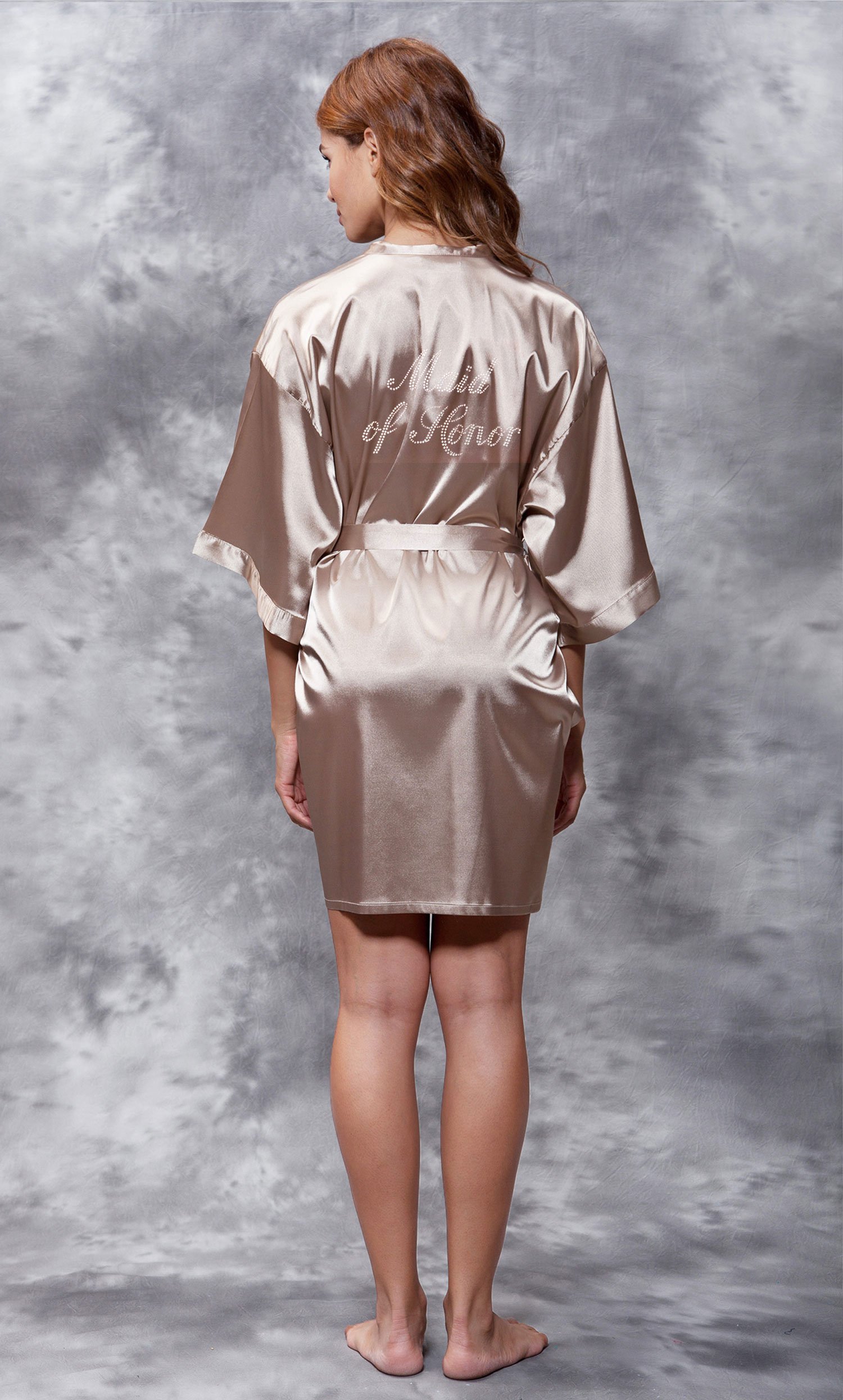 Maid of Honor Clear Rhinestone Satin Kimono Taupe Short Robe-Robemart.com