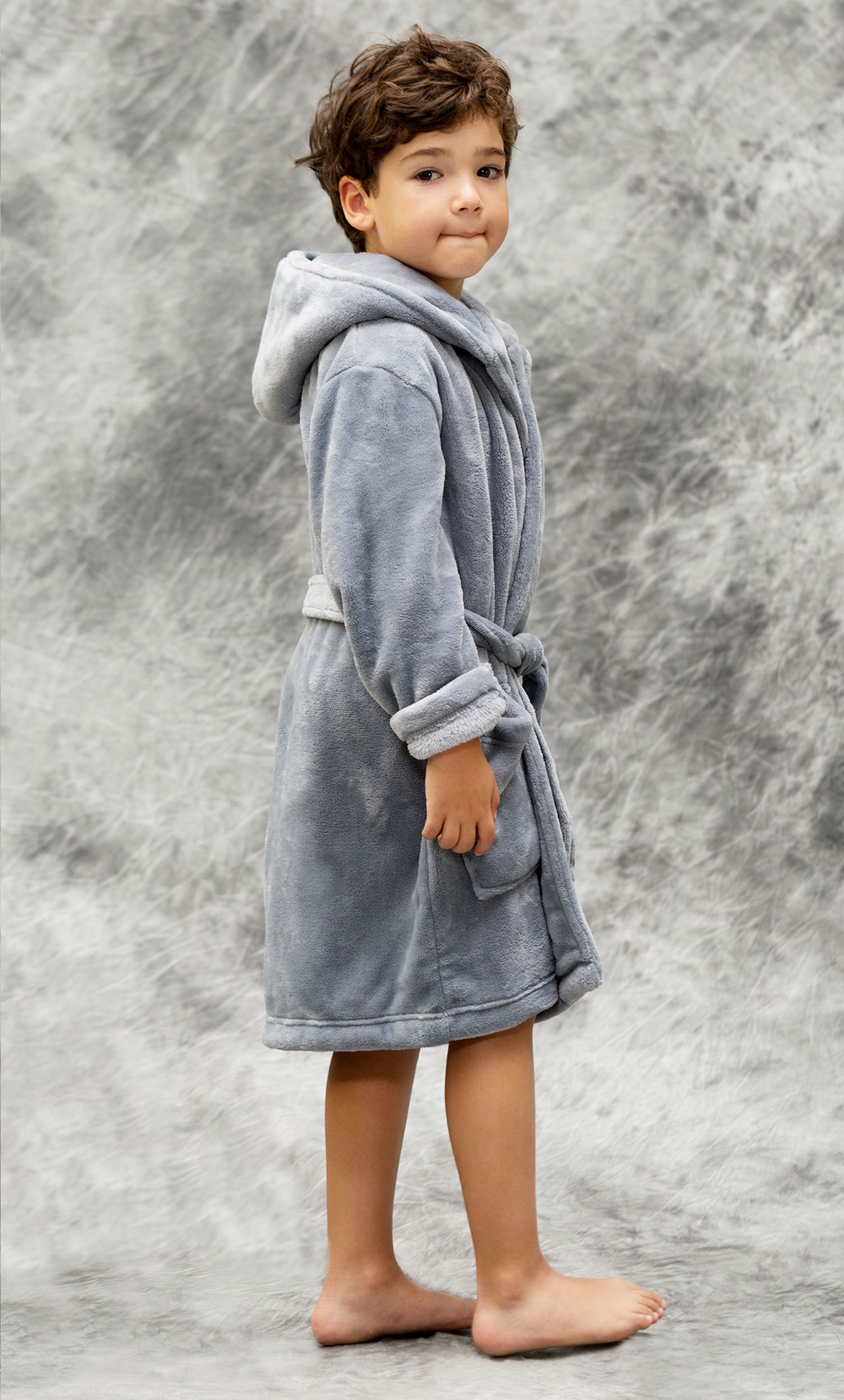 Gray Plush Super Soft Fleece Hooded Kid's Robe-Robemart.com