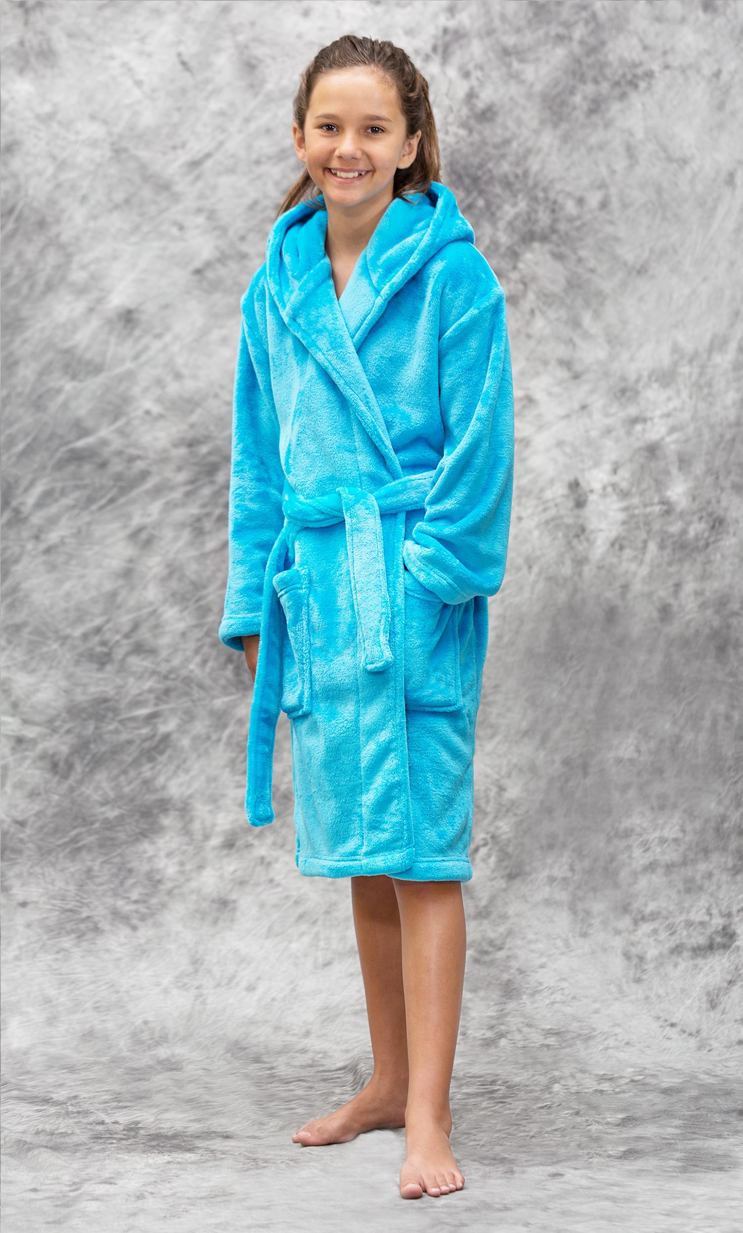 Turquoise Plush Super Soft Fleece Hooded Kid's Robe-Robemart.com