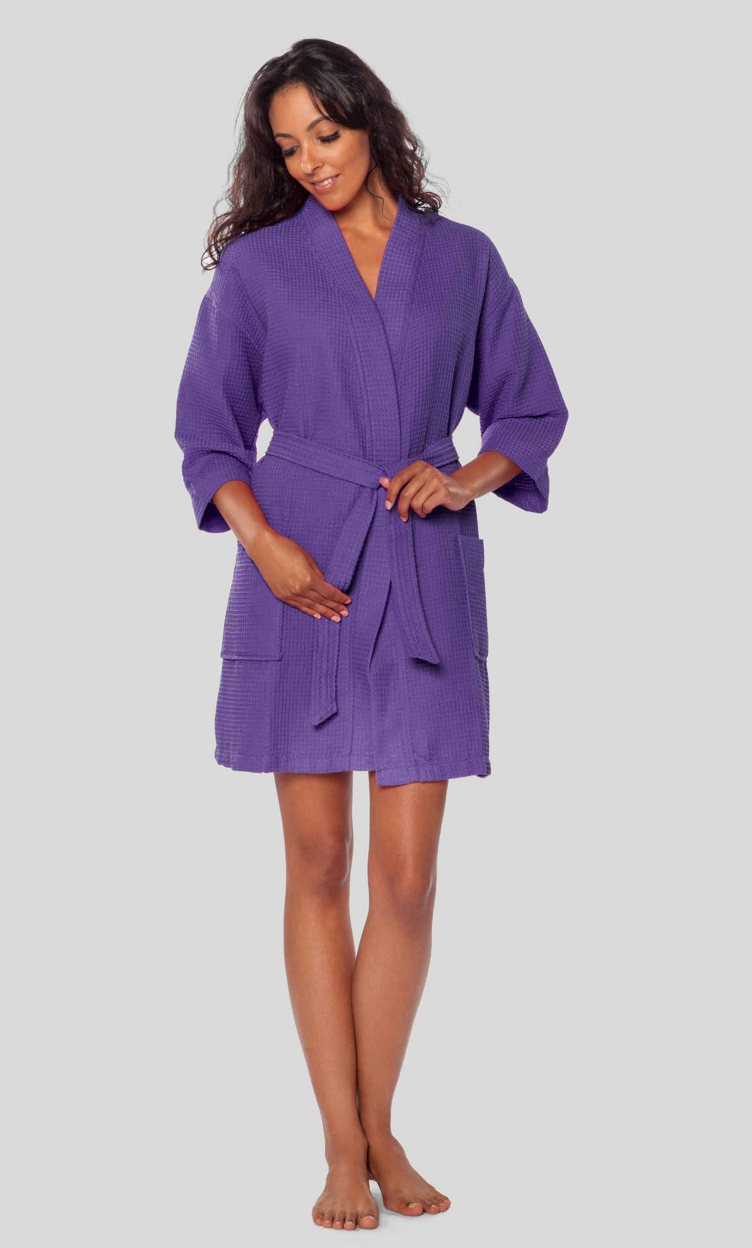CLEARANCE Waffle Kimono Purple Short Robe Square Pattern - Final Sale-Robemart.com