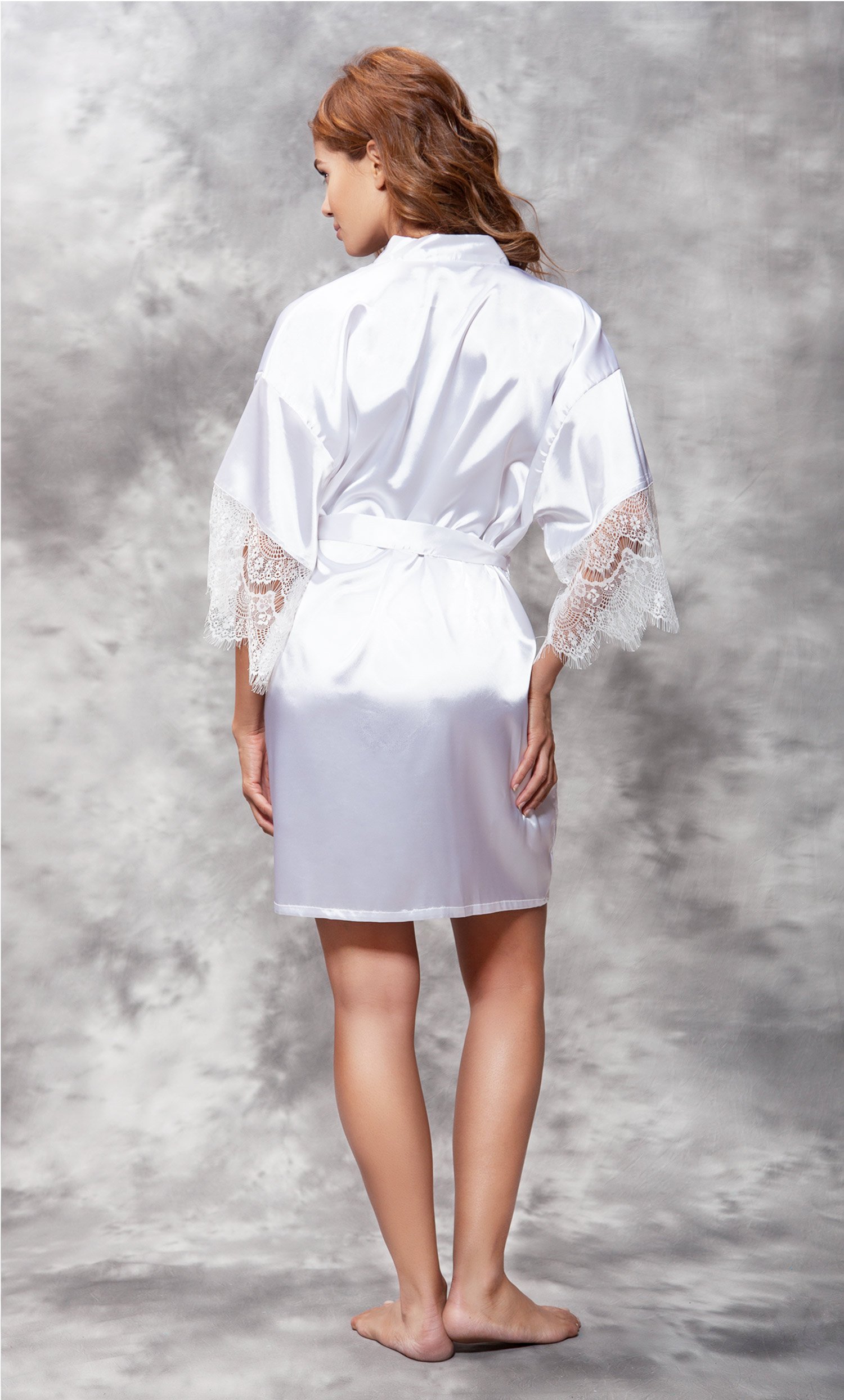 Lace-Trim Satin Kimono White Short Robe-Robemart.com