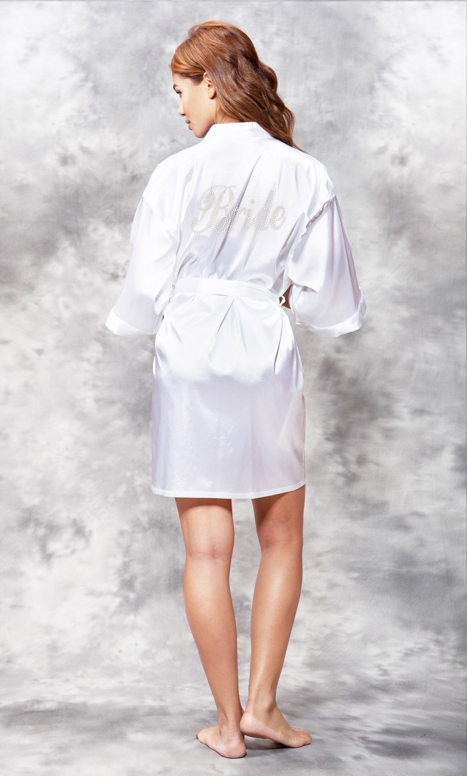 Bride Clear Rhinestone Satin Kimono White Short Robe-Robemart.com