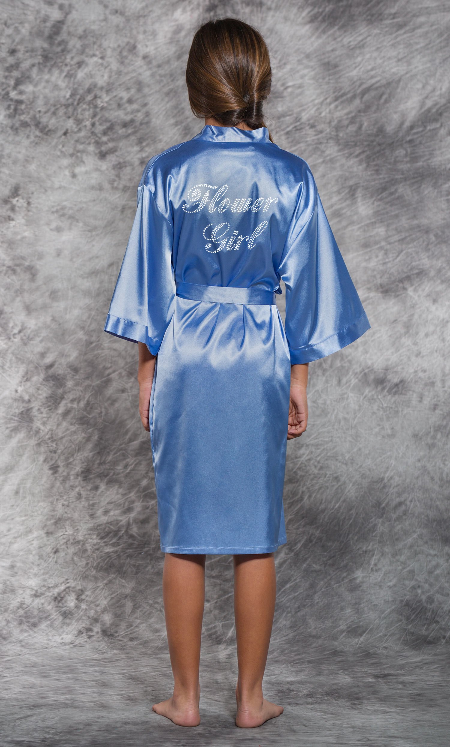 Flower Girl Clear Rhinestone Airy Blue Satin Kimono Kid's Robe-Robemart.com