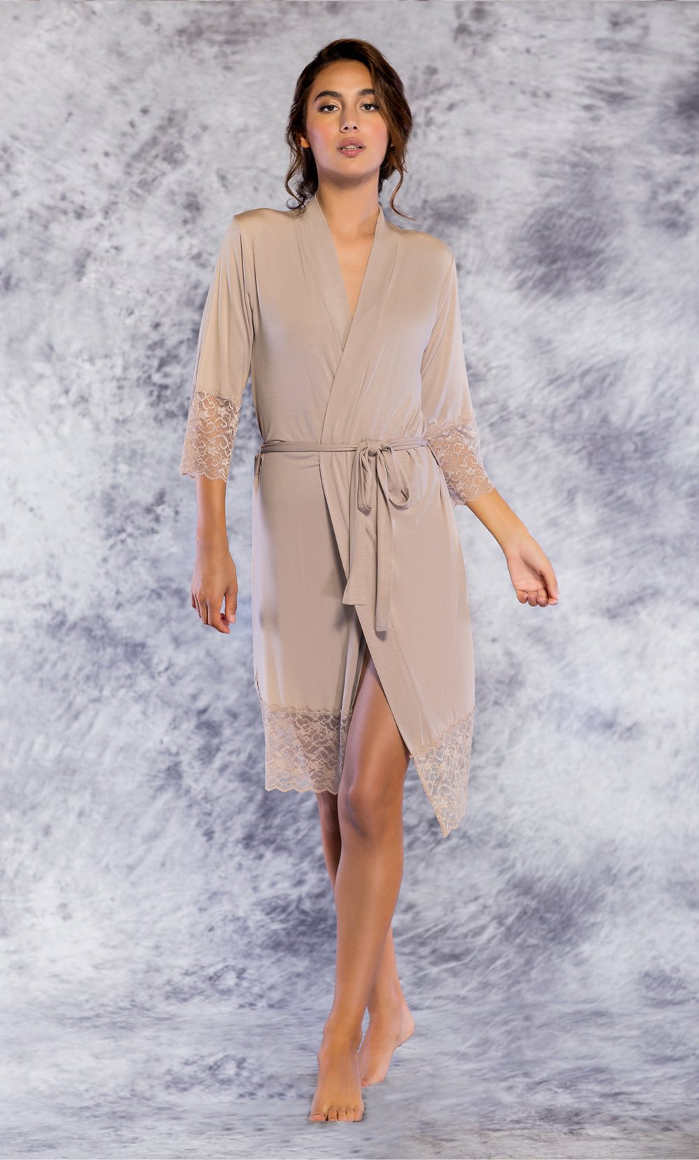 100% Lace Trim Taupe Women's Kimono Robe-Robemart.com