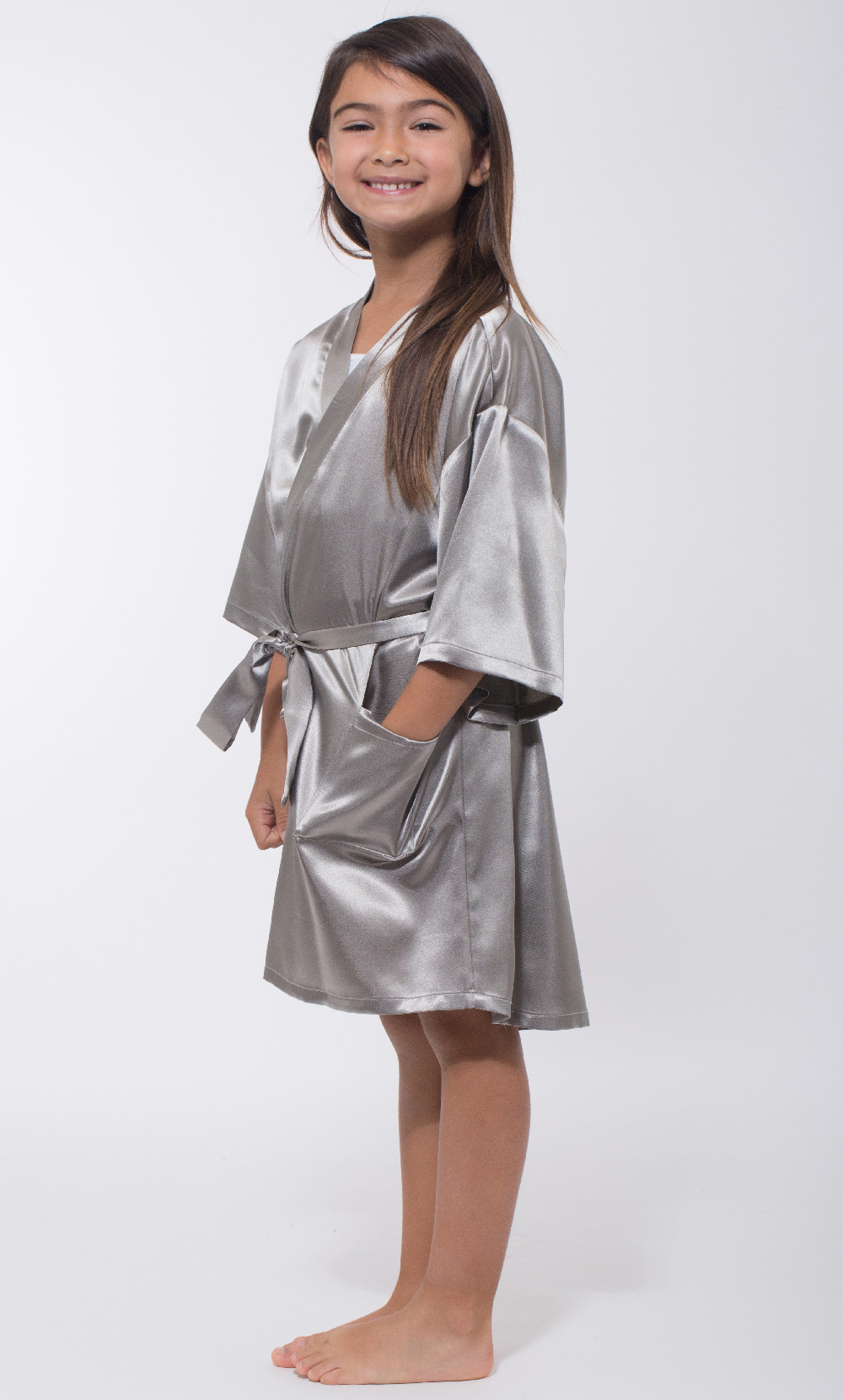Classic Gray Satin Kimono Kid's Robe-Robemart.com