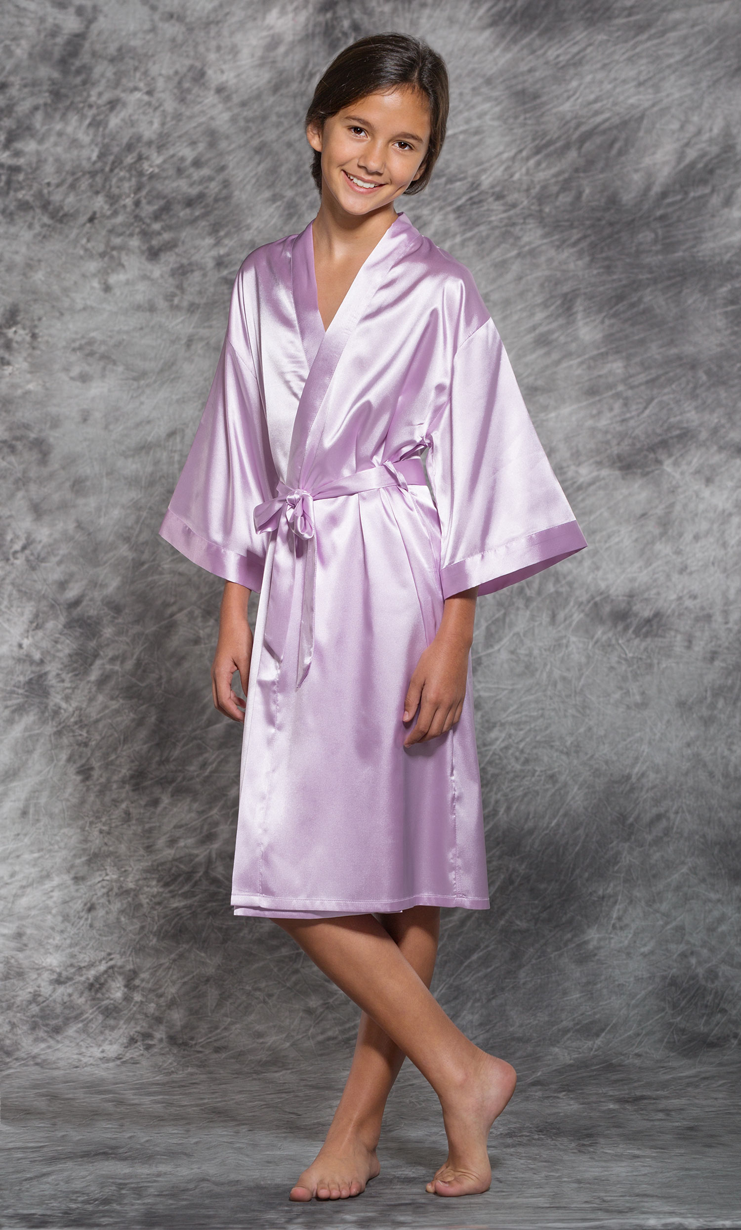 Flower Girl Clear Rhinestone Lavender Satin Kimono Kid's Robe-Robemart.com