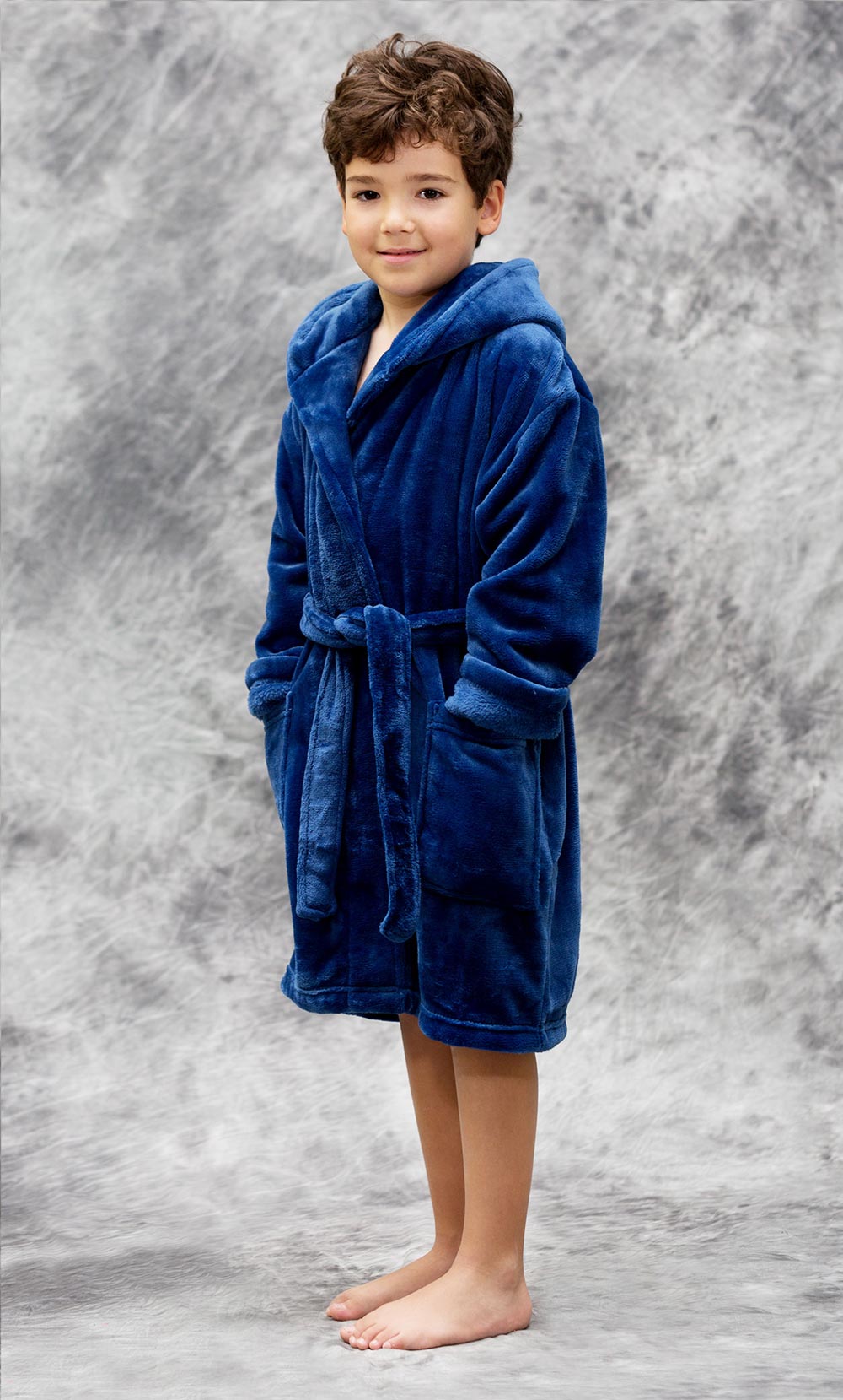 Navy Blue Plush Super Soft Fleece Hooded Kid's Robe-Robemart.com