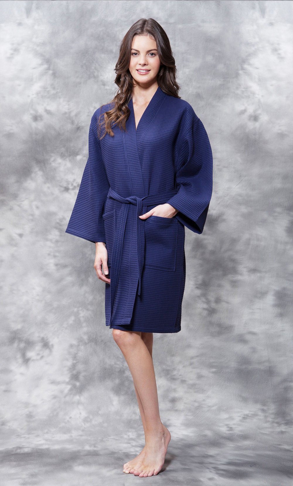 Waffle Kimono Navy Blue Knee Length Robe Square Pattern FINAL SALE-Robemart.com