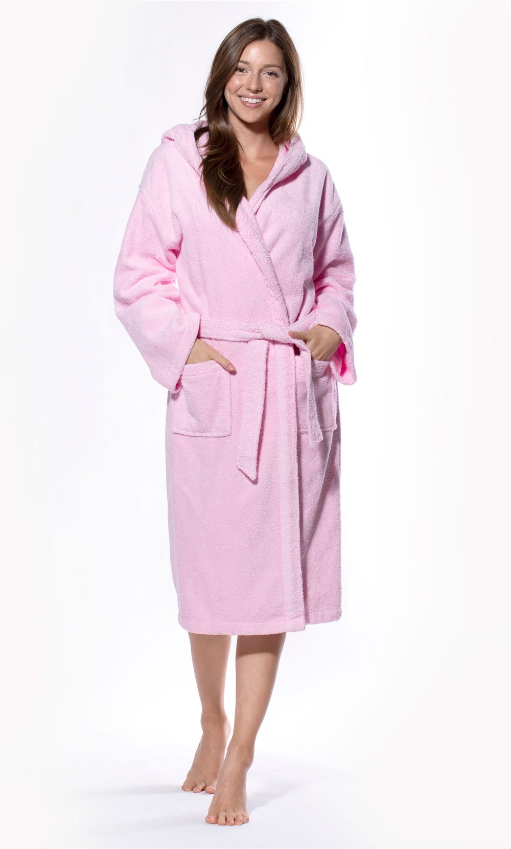 100% Turkish Cotton Pink Heavy Weight Hooded Terry Bathrobe-Robemart.com