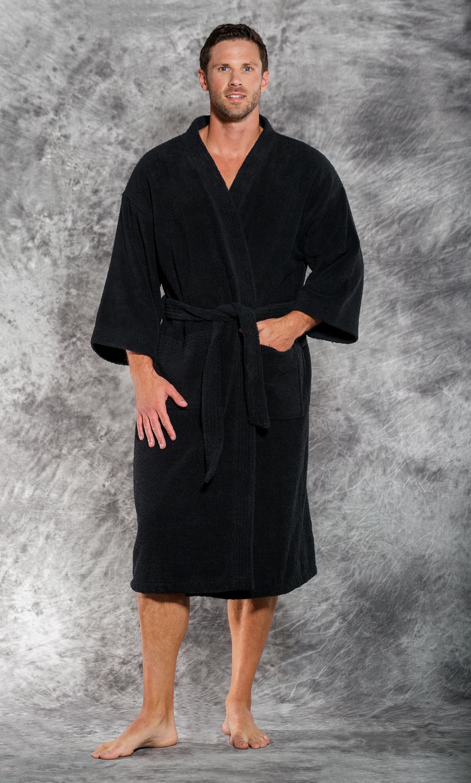Men Robes Terry Cloth Robes Premium 100 Turkish Cotton Black Terry Kimono Bathrobe 