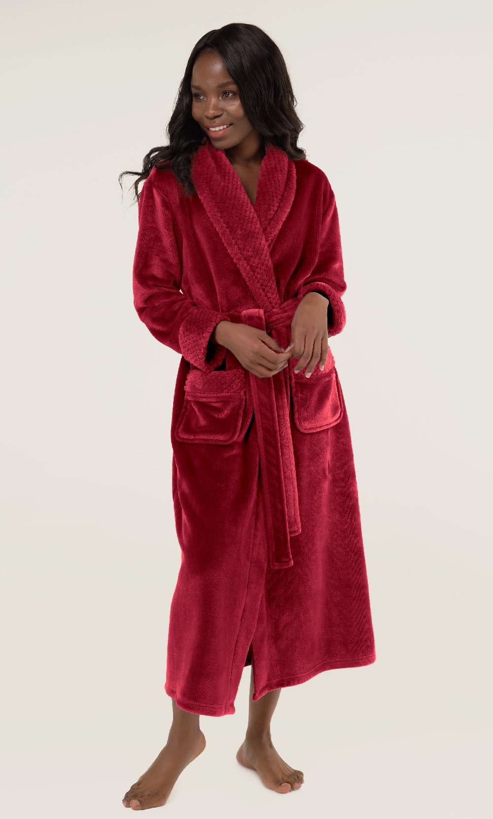 Burgundy Plush Soft Warm Fleece Womens Robe-Robemart.com