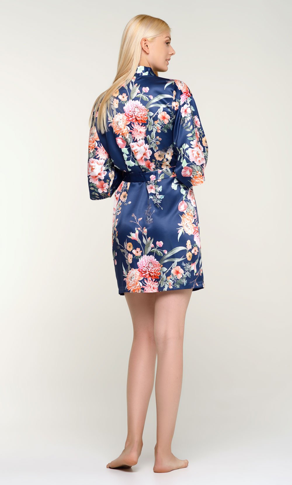 Navy Blue Tish Satin Kimono Short Robe-Robemart.com