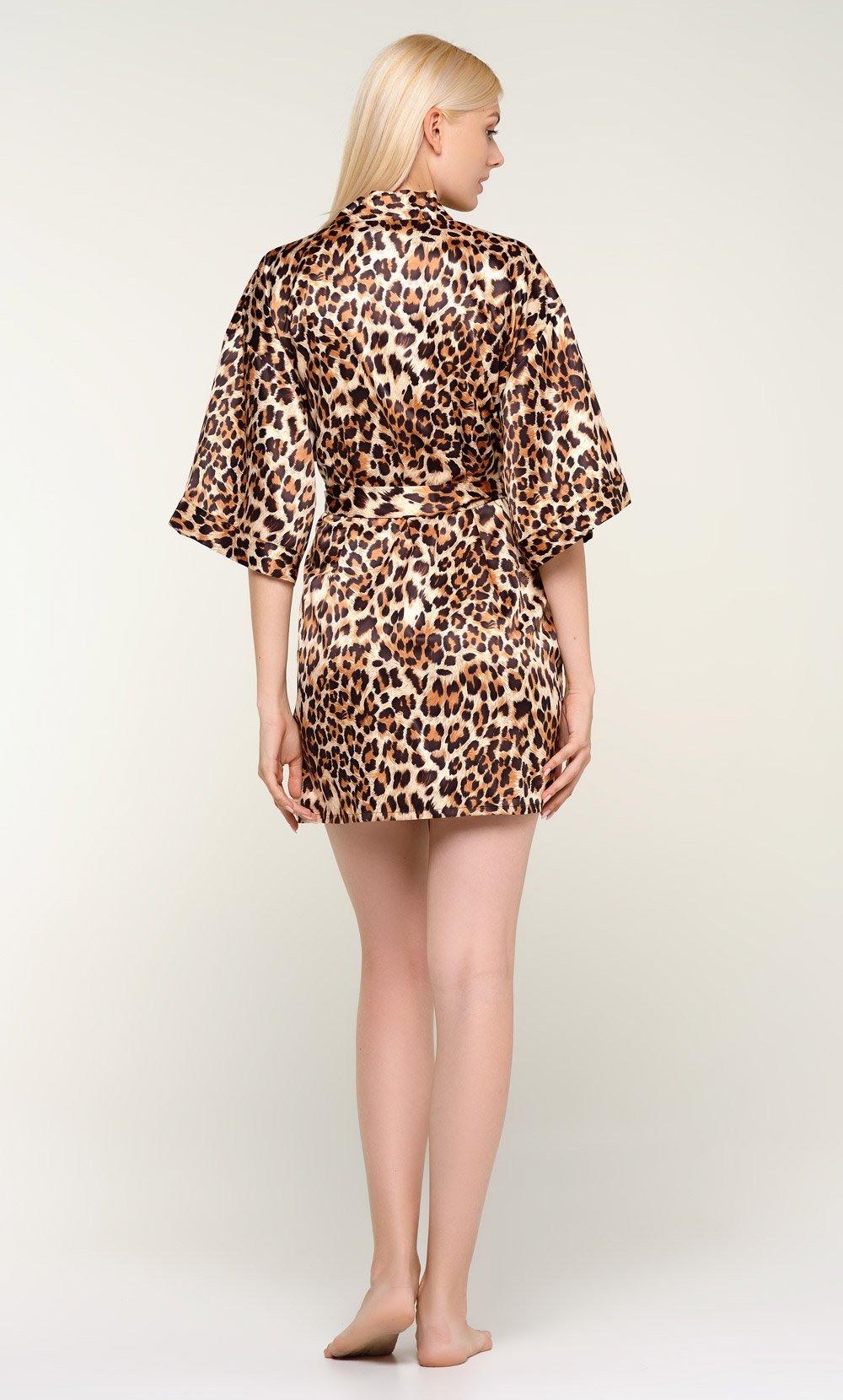 Leopard Satin Kimono Short Robe-Robemart.com
