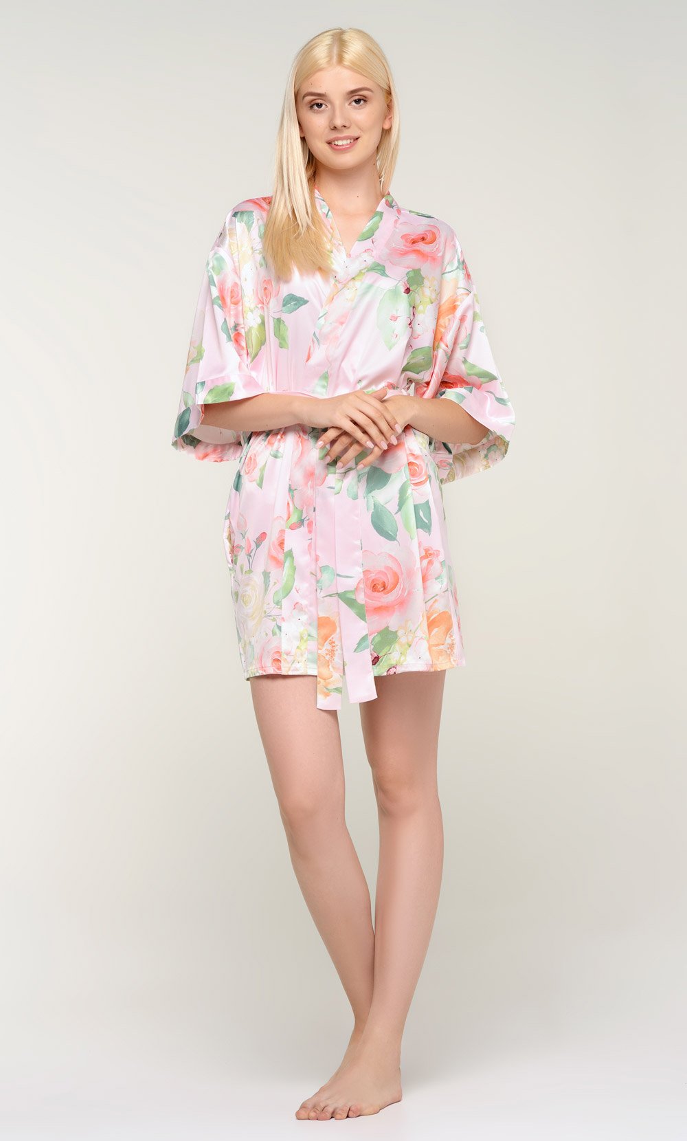 Pink Carmen Floral Satin Kimono Short Robe-Robemart.com