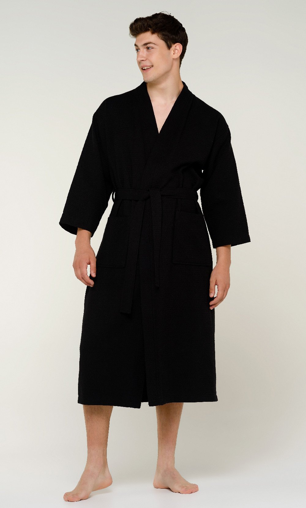 100% Turkish Cotton Black Waffle Kimono Robe-Robemart.com