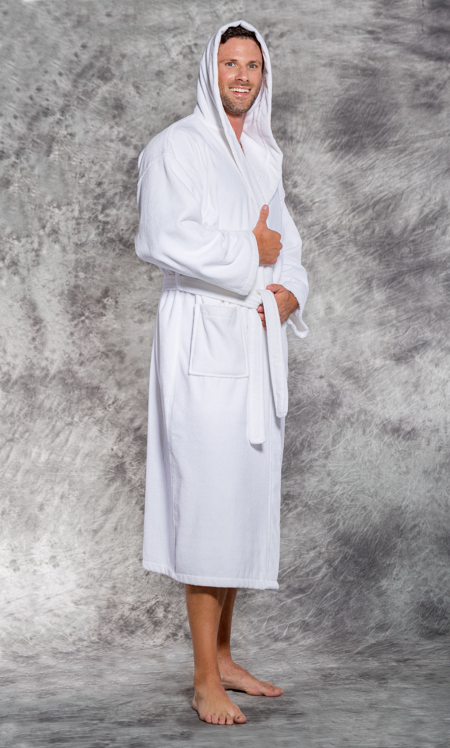 100% Turkish Cotton White Hooded Terry / Velour Bathrobe-Robemart.com