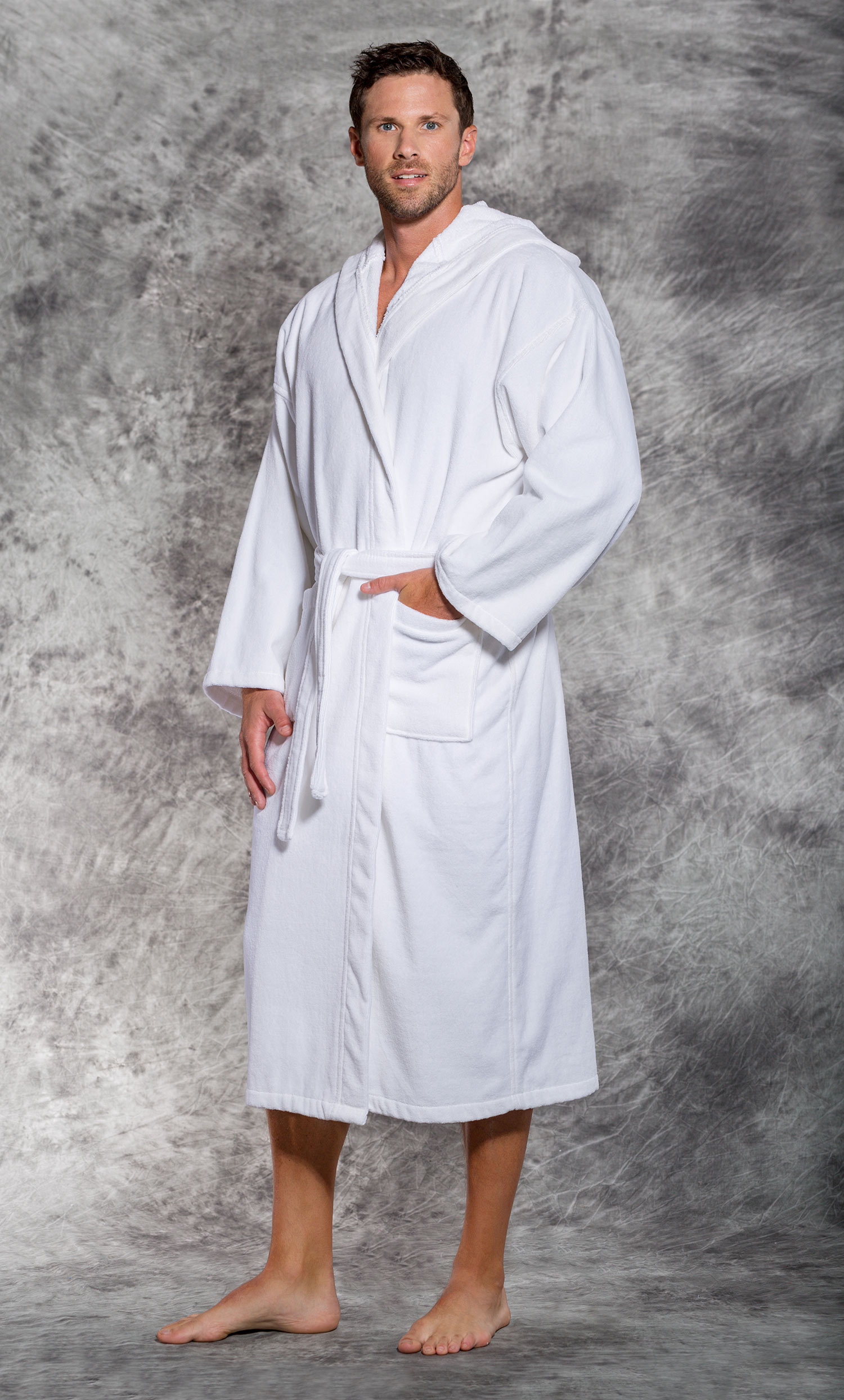 100% Turkish Cotton White Hooded Terry / Velour Bathrobe-Robemart.com