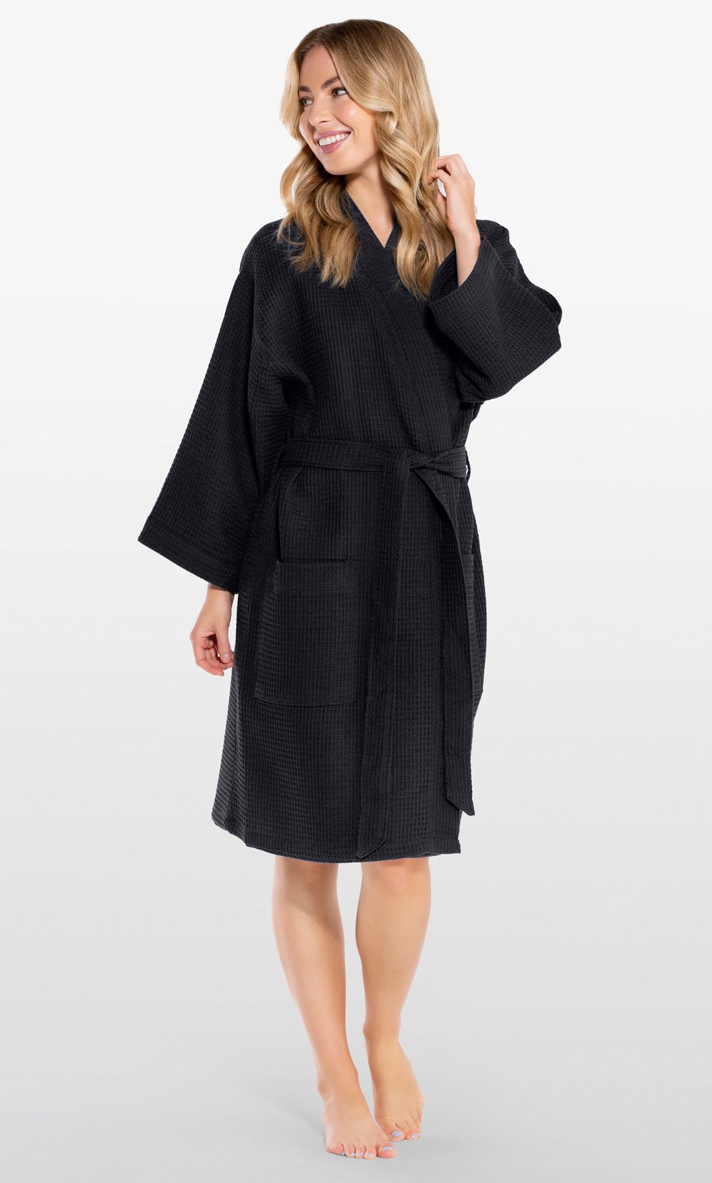 100% Turkish Cotton Black Kimono Waffle Robe-Robemart.com