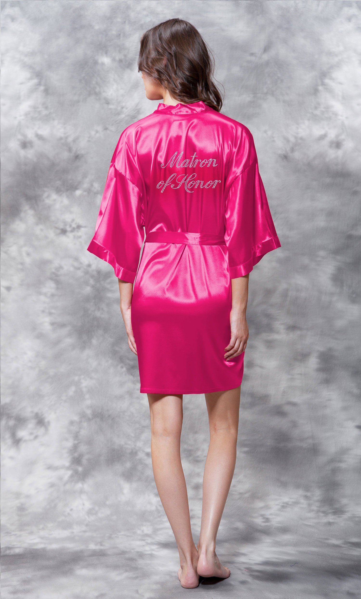 CLEARANCE  Matron of Honor Clear Rhinestone Satin Kimono Fuchsia Short Robe - Final Sale-Robemart.com