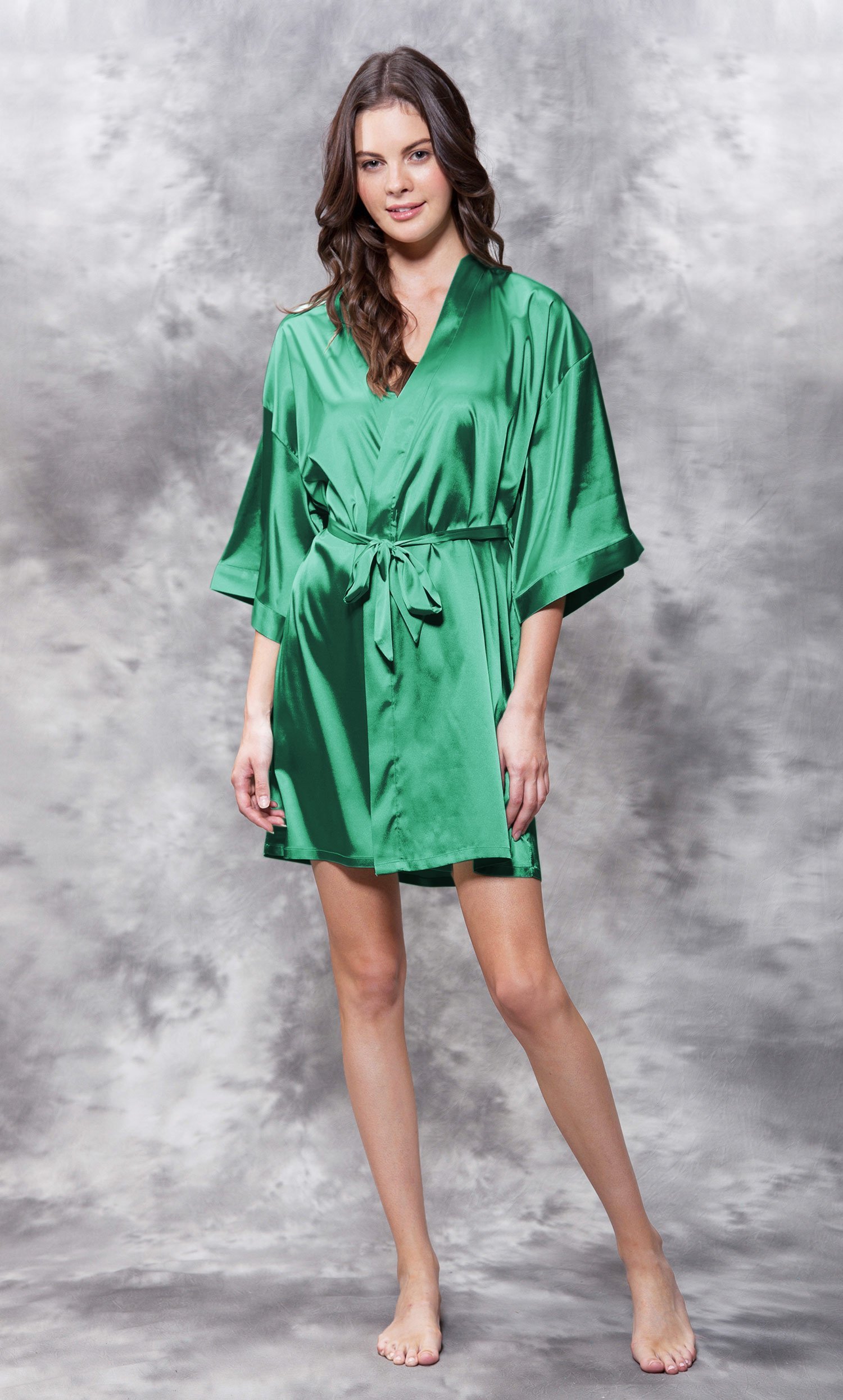 CLEARANCE Lush Meadow Emerald Green Satin Kimono Short Robe-Robemart.com