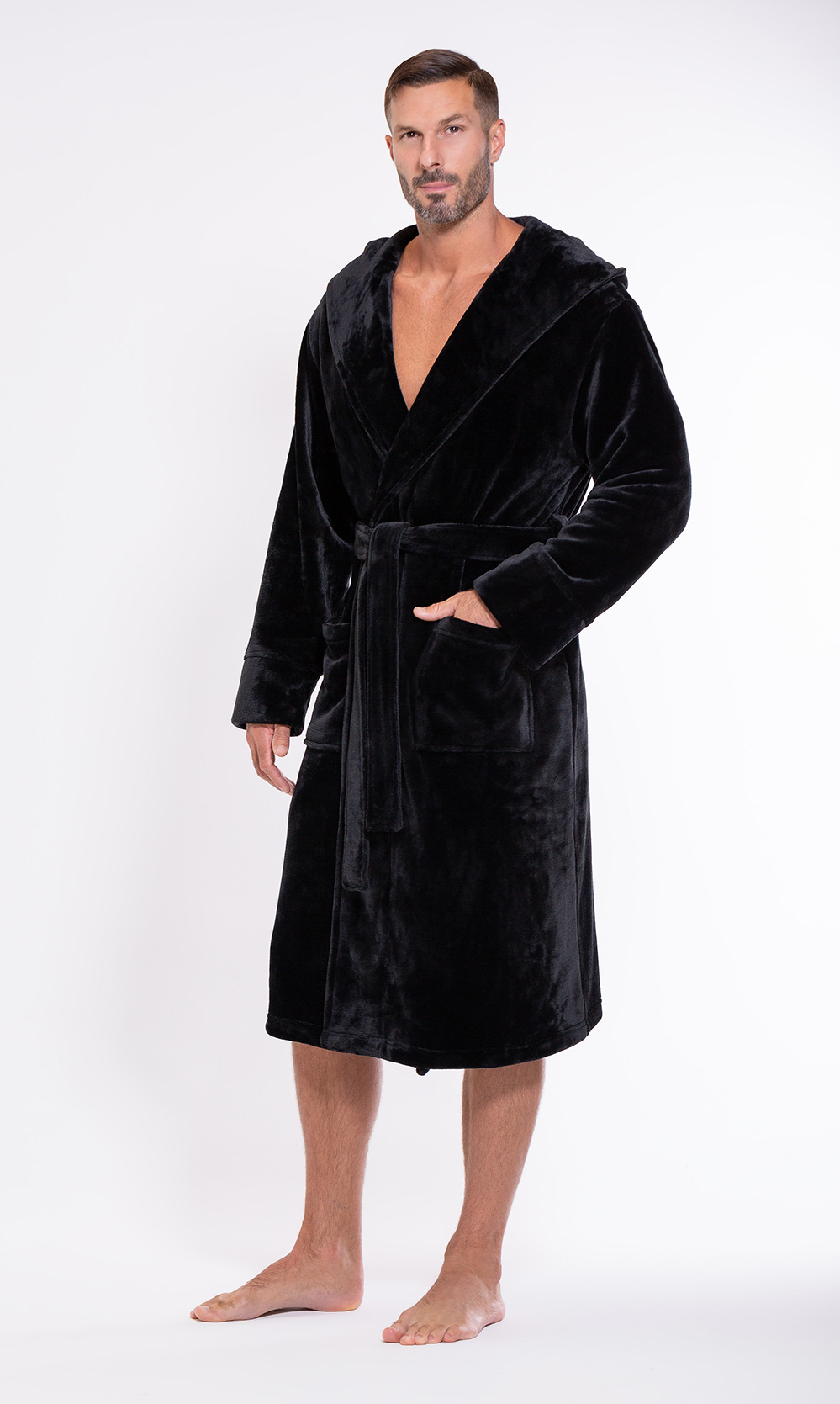 Men's Black Plush Soft Warm Fleece Bathrobe with Hood, Comfy Men's Robe-Robemart.com