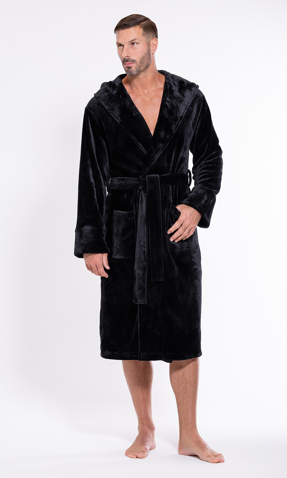 Men's Black Plush Soft Warm Fleece Bathrobe with Hood, Comfy Men's Robe-Robemart.com