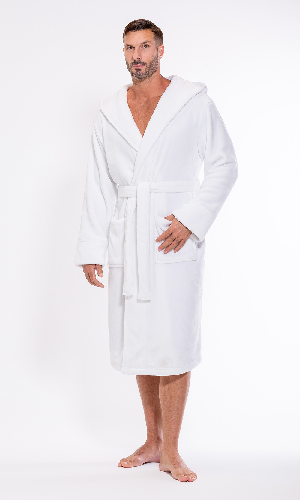 Men's White  Plush Soft Warm Fleece Bathrobe with Hood, Comfy Men's Robe-Robemart.com