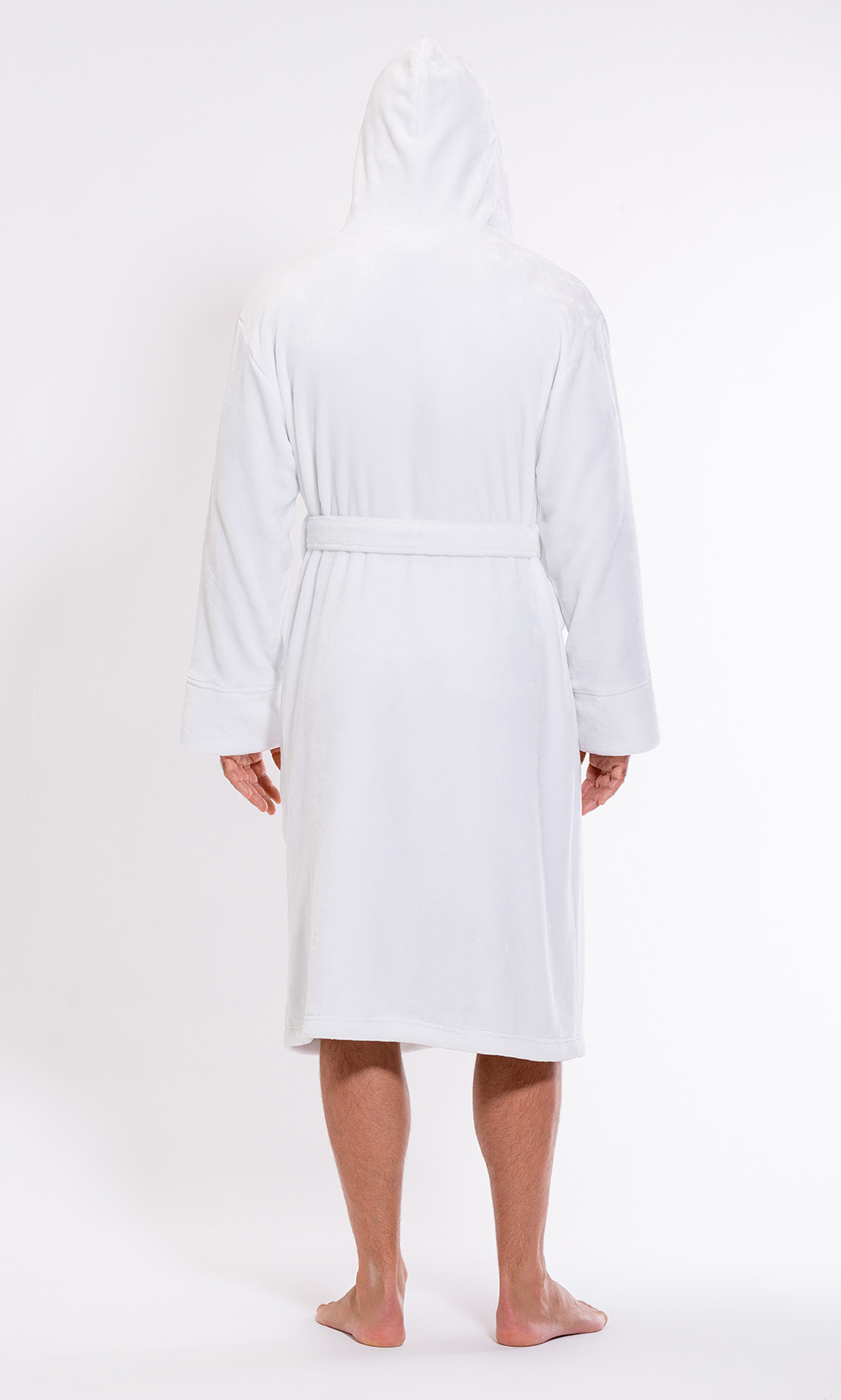 Men's White  Plush Soft Warm Fleece Bathrobe with Hood, Comfy Men's Robe-Robemart.com