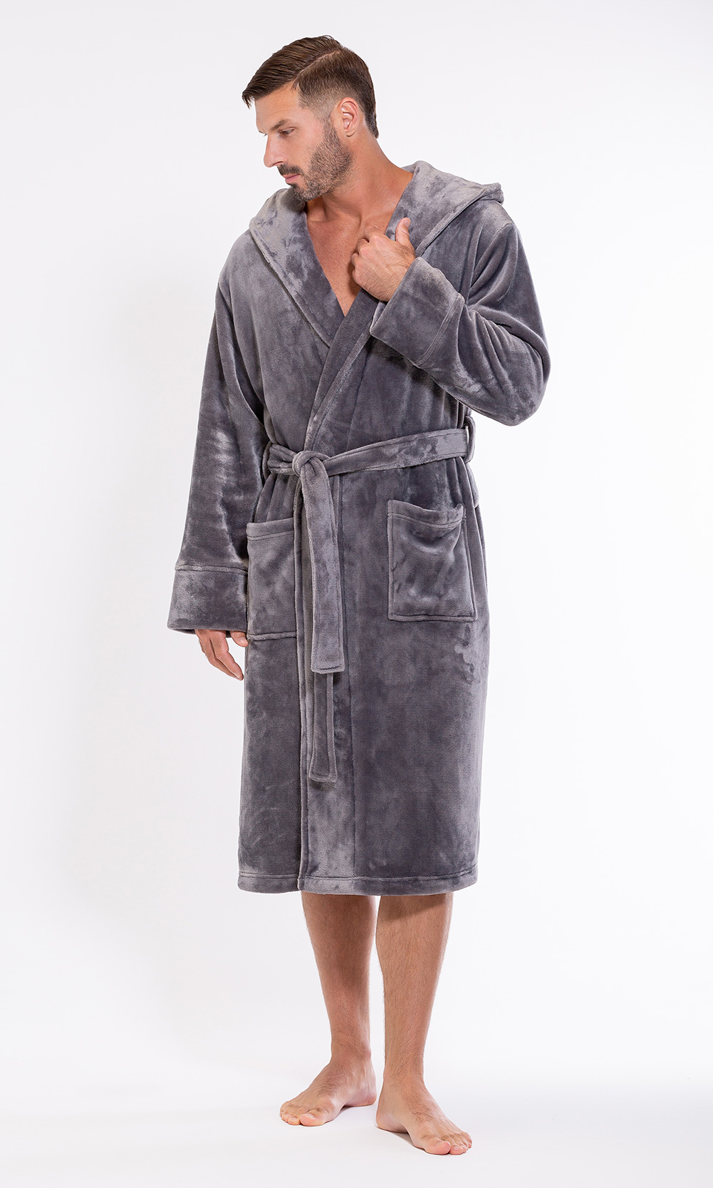 Men's Gray Plush Soft Warm Fleece Bathrobe with Hood, Comfy Men's Robe-Robemart.com