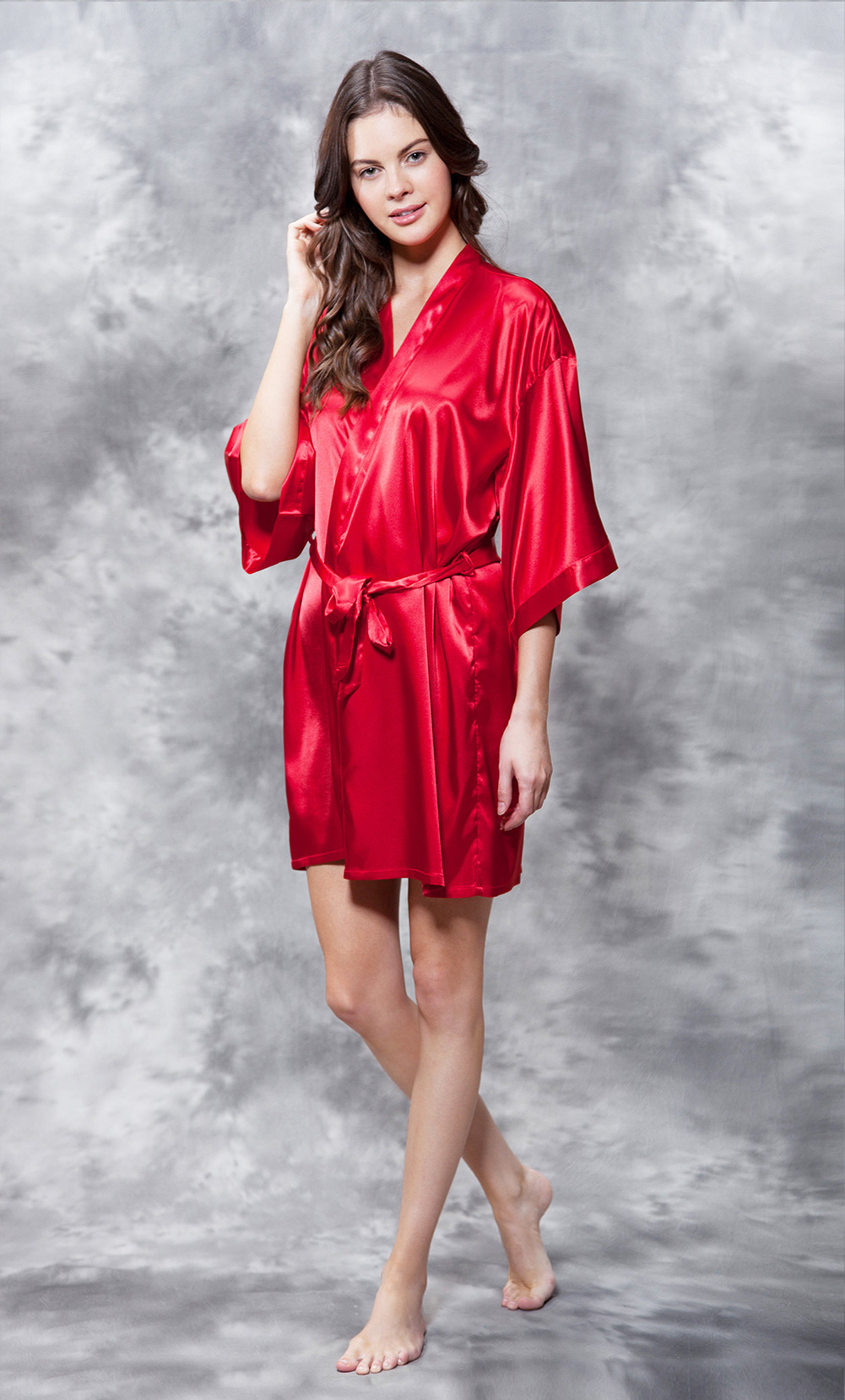 CLEARANCE Red Satin Kimono Short Robe-Robemart.com