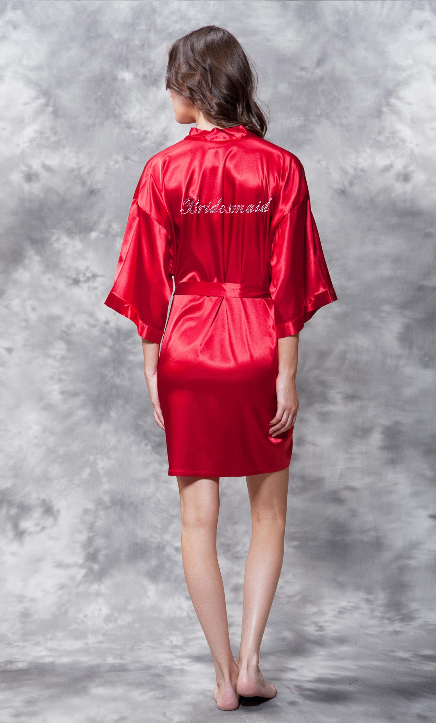 CLEARANCE  Bridesmaid Clear Rhinestone Satin Kimono  Short Robe - Final Sale-Robemart.com