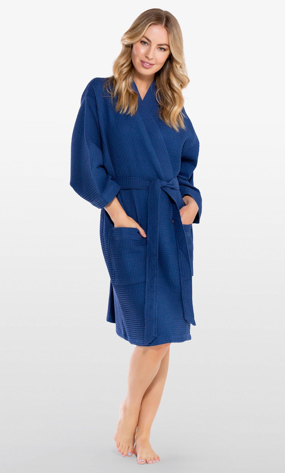 100% Turkish Cotton Navy Blue Kimono Waffle Robe-Robemart.com