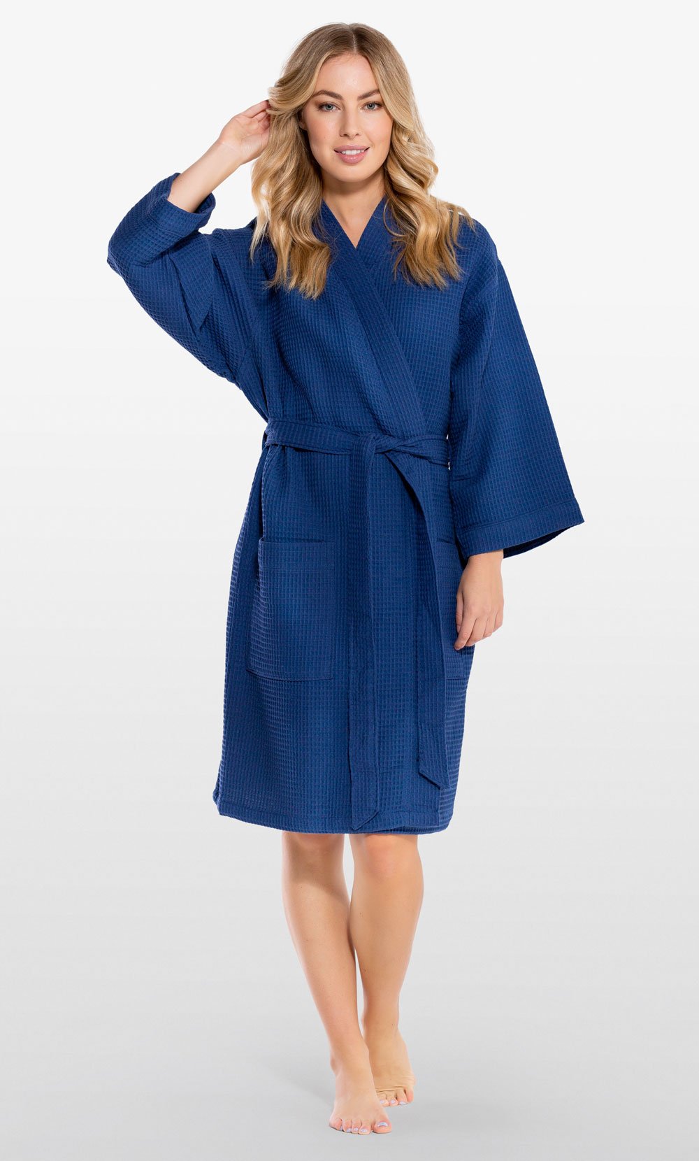 100% Turkish Cotton Navy Blue Kimono Waffle Robe-Robemart.com