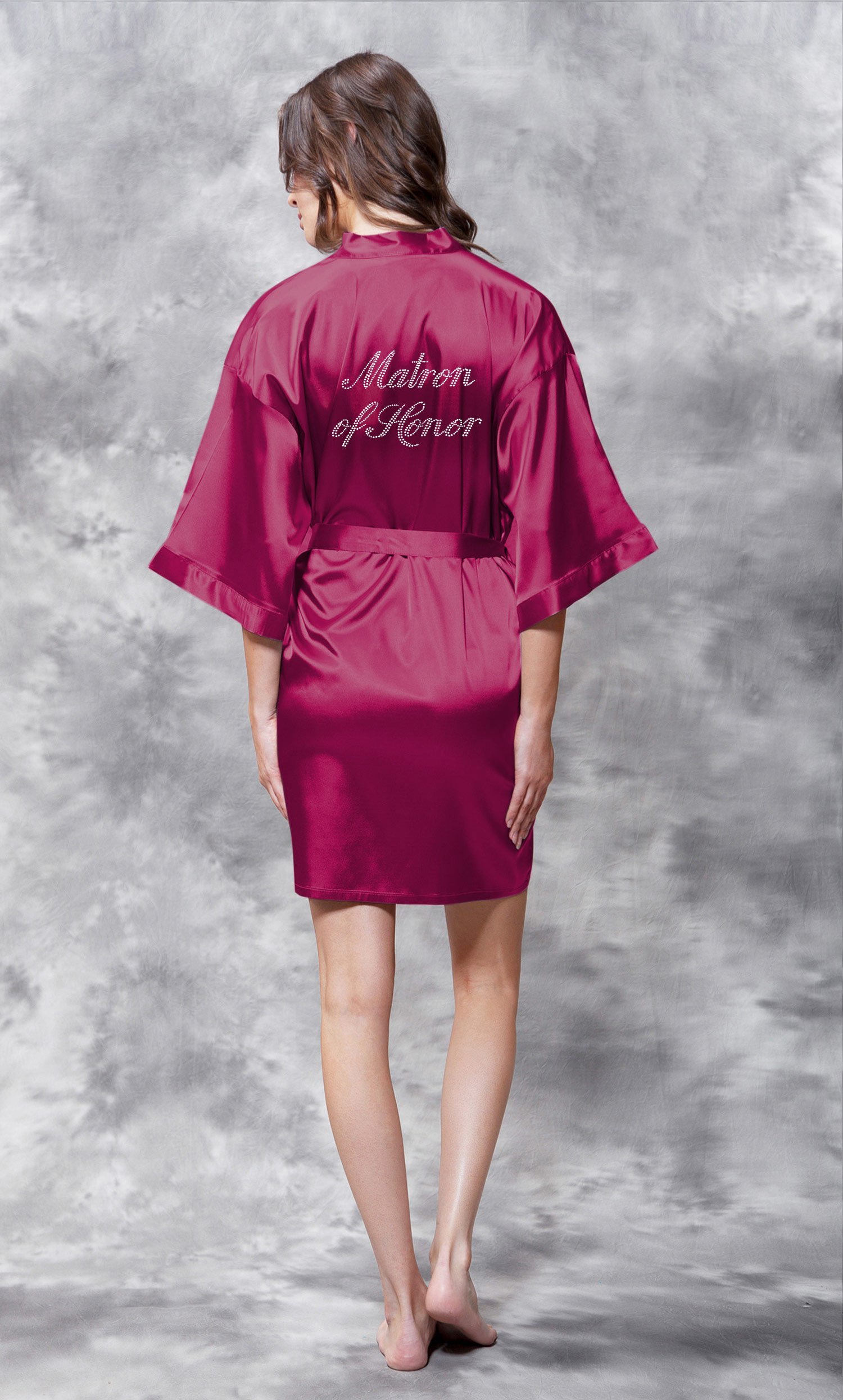 CLEARANCE Matron of Honor Clear Rhinestone Satin Kimono Wine Red Short Robe - Final Sale-Robemart.com