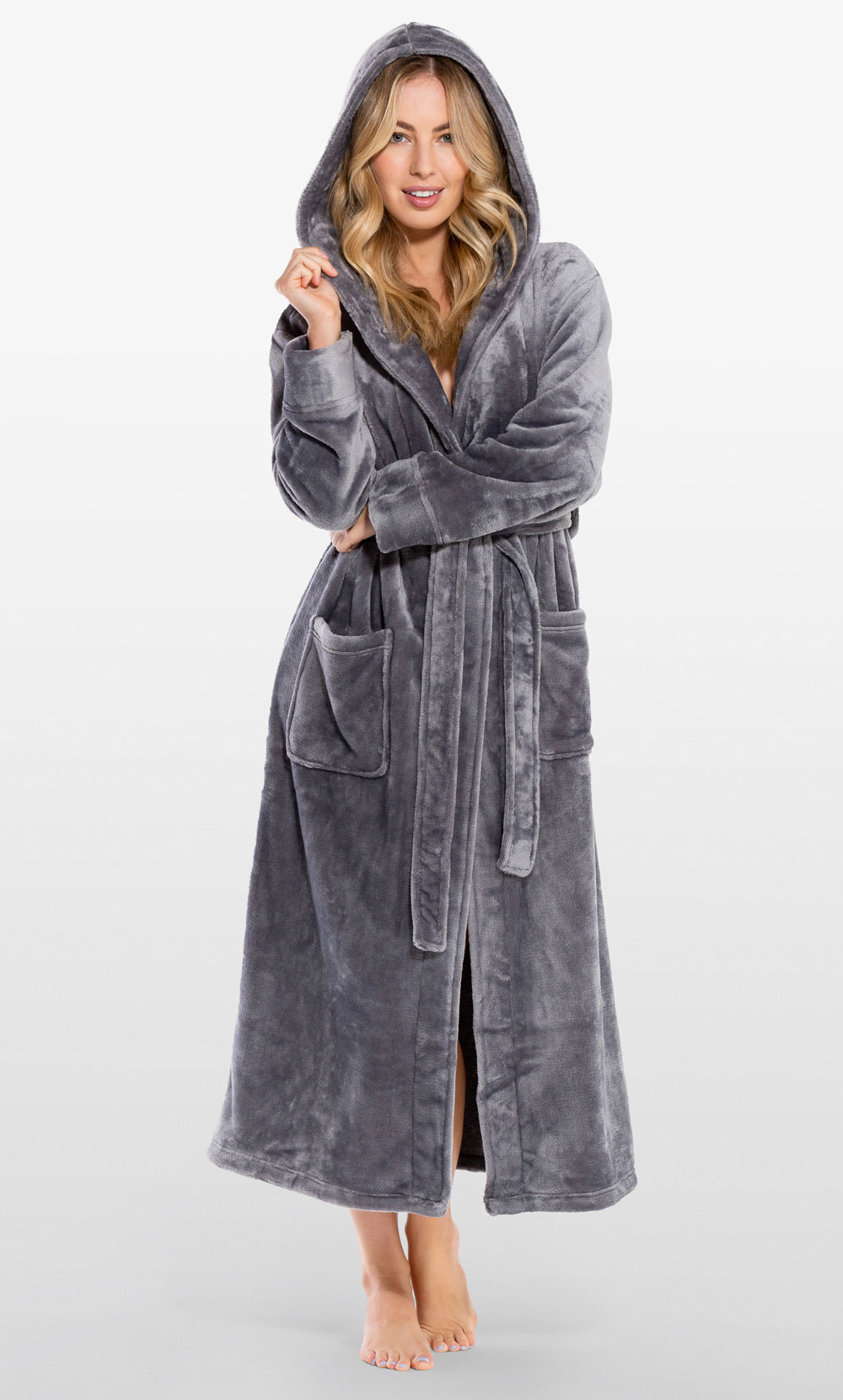 Super Soft Gray Plush Hooded Women's Robe-Robemart.com