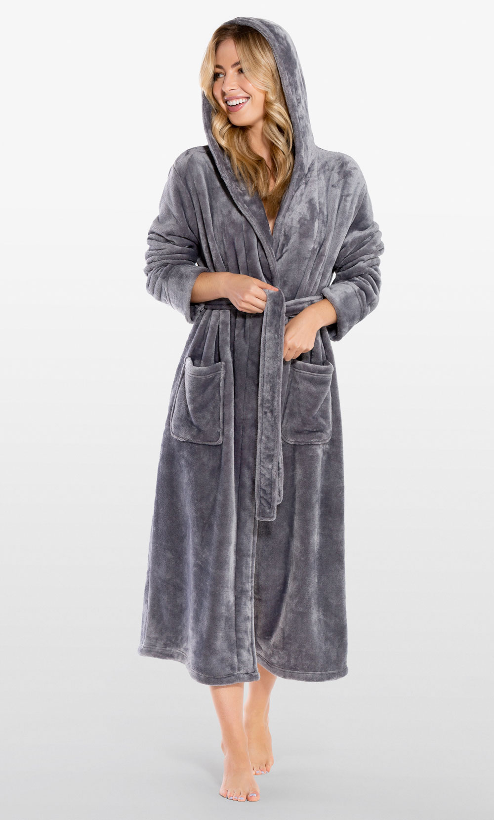 Super Soft Gray Plush Hooded Women's Robe-Robemart.com