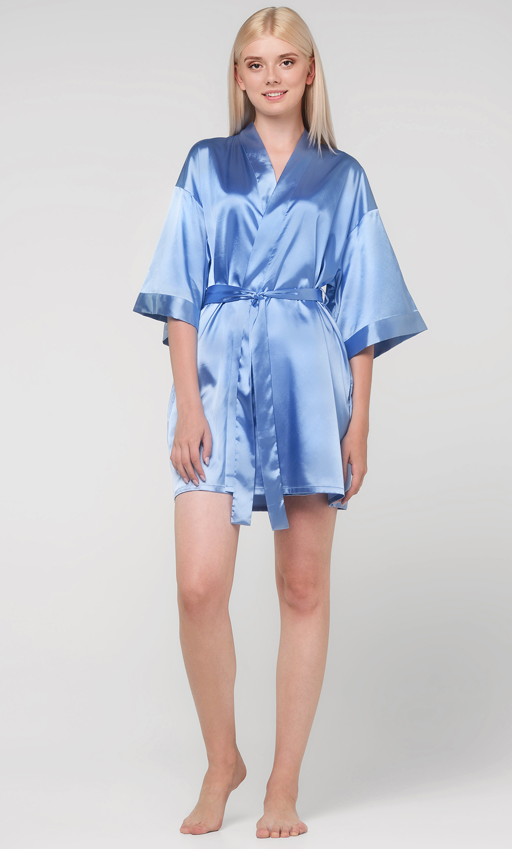 Airy Blue Satin Kimono Short Robe-Robemart.com