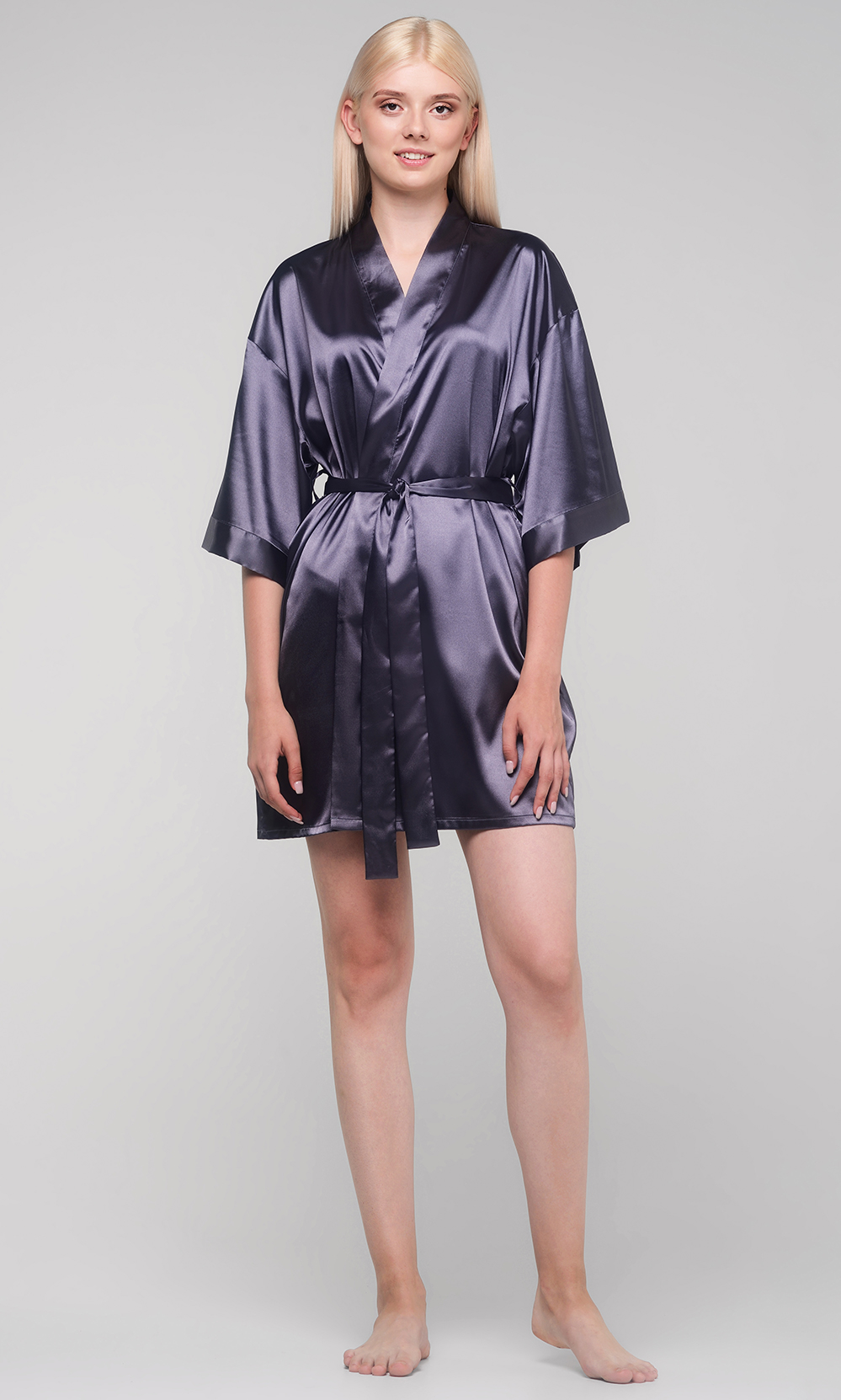 Charcoal Satin Kimono Short Robe-Robemart.com