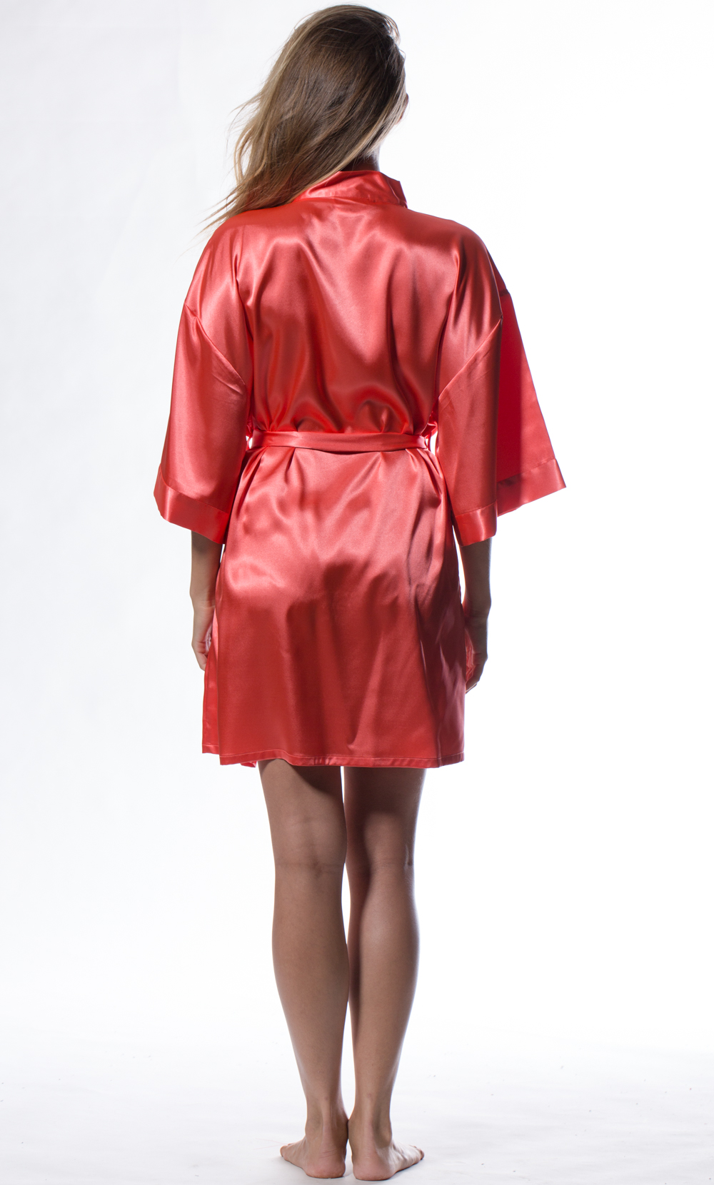 Coral Satin Kimono Short Robe-Robemart.com
