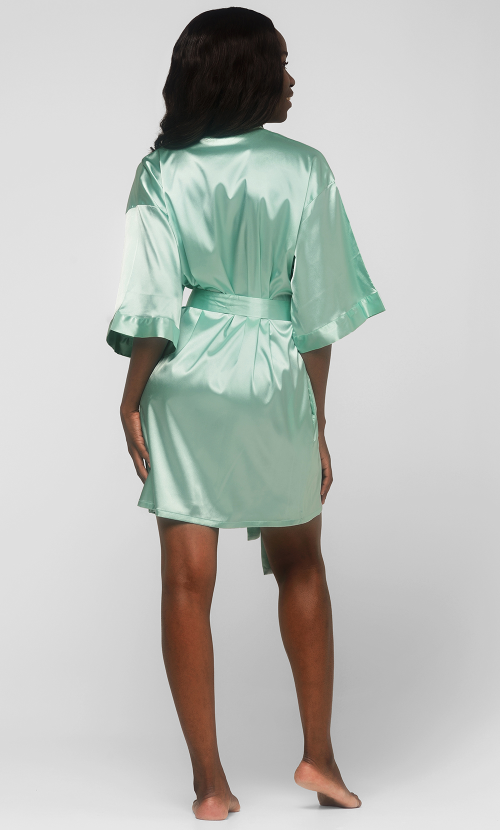 Mint Green Satin Kimono Short Robe-Robemart.com