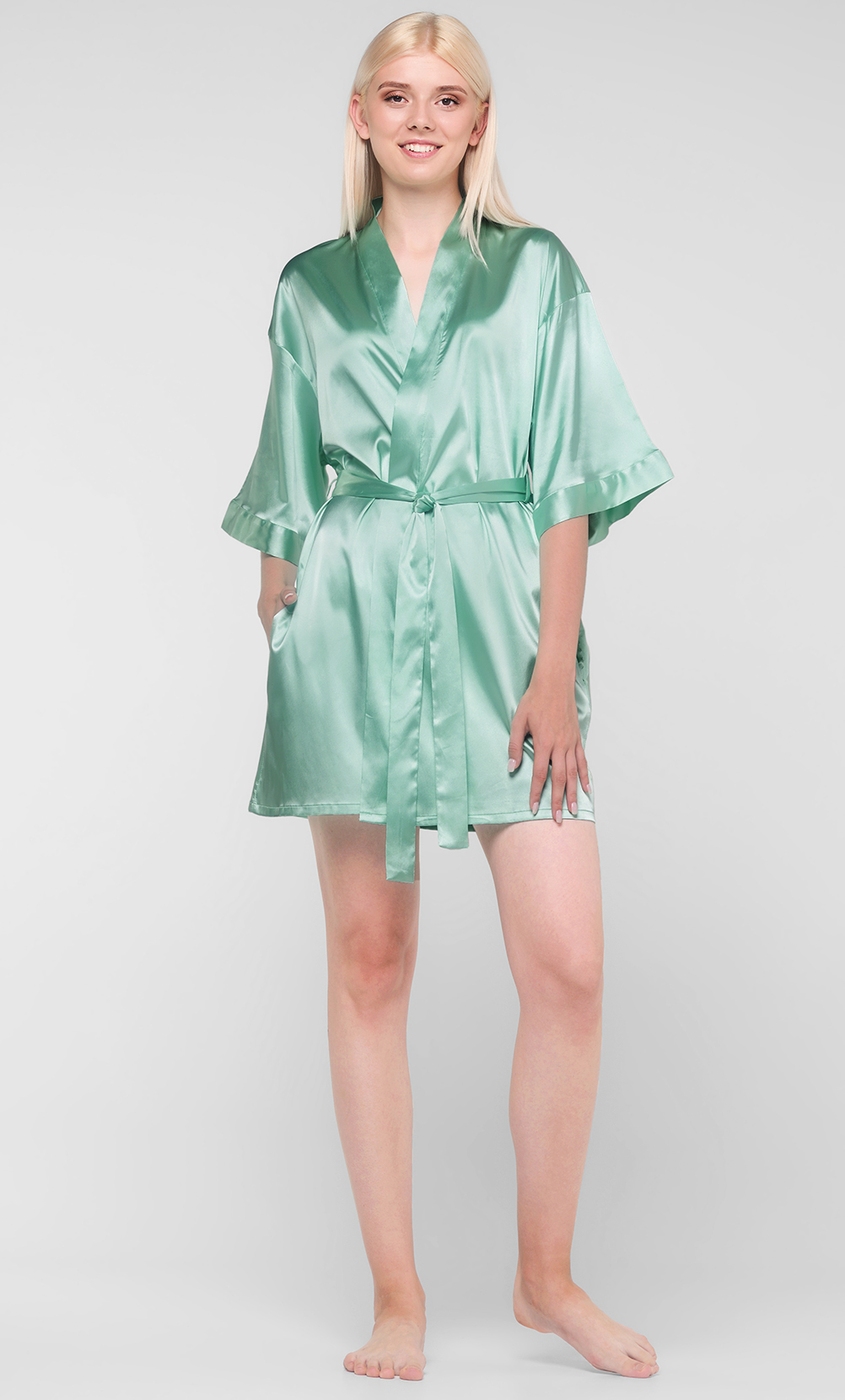 Mint Green Satin Kimono Short Robe-Robemart.com
