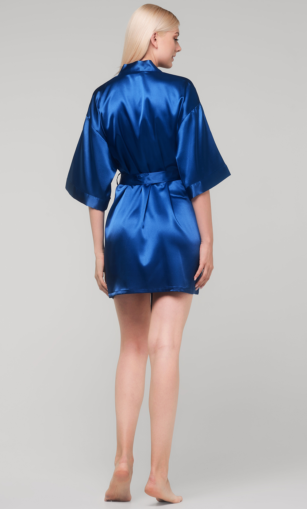 Navy Blue Satin Kimono Short Robe-Robemart.com