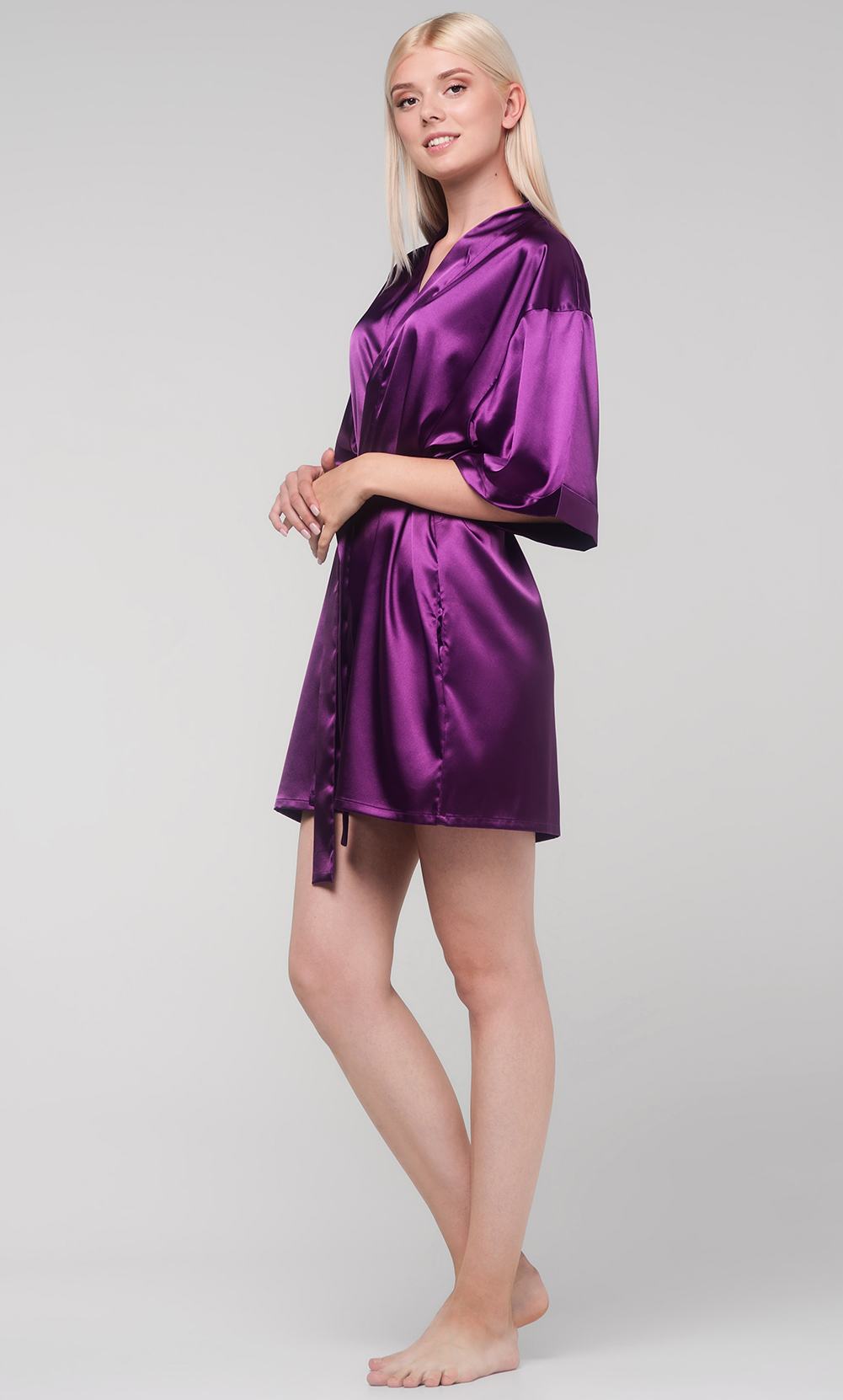 Purple Satin Kimono Short Robe-Robemart.com