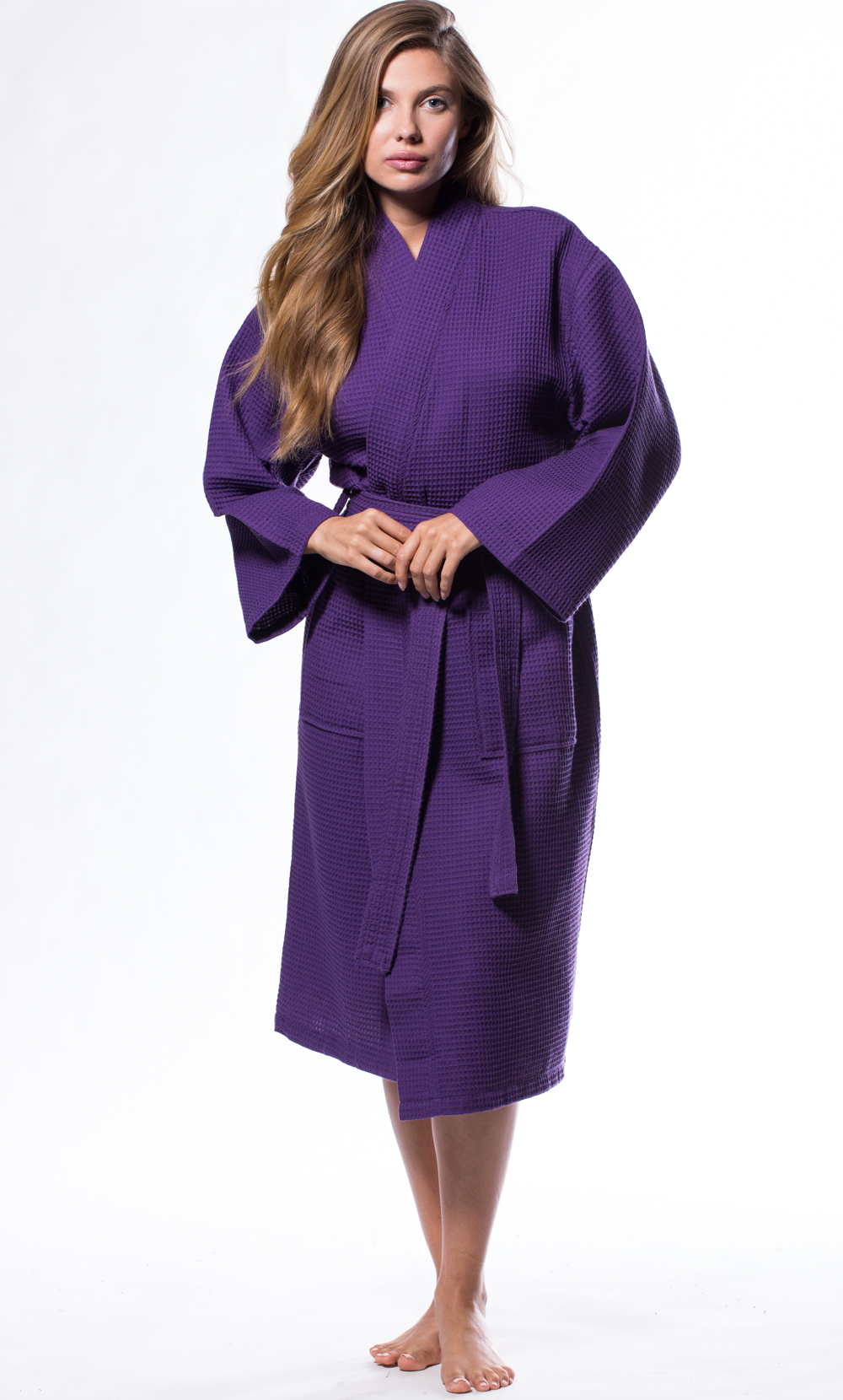 Waffle Kimono Purple Long Robe Square Pattern-Robemart.com