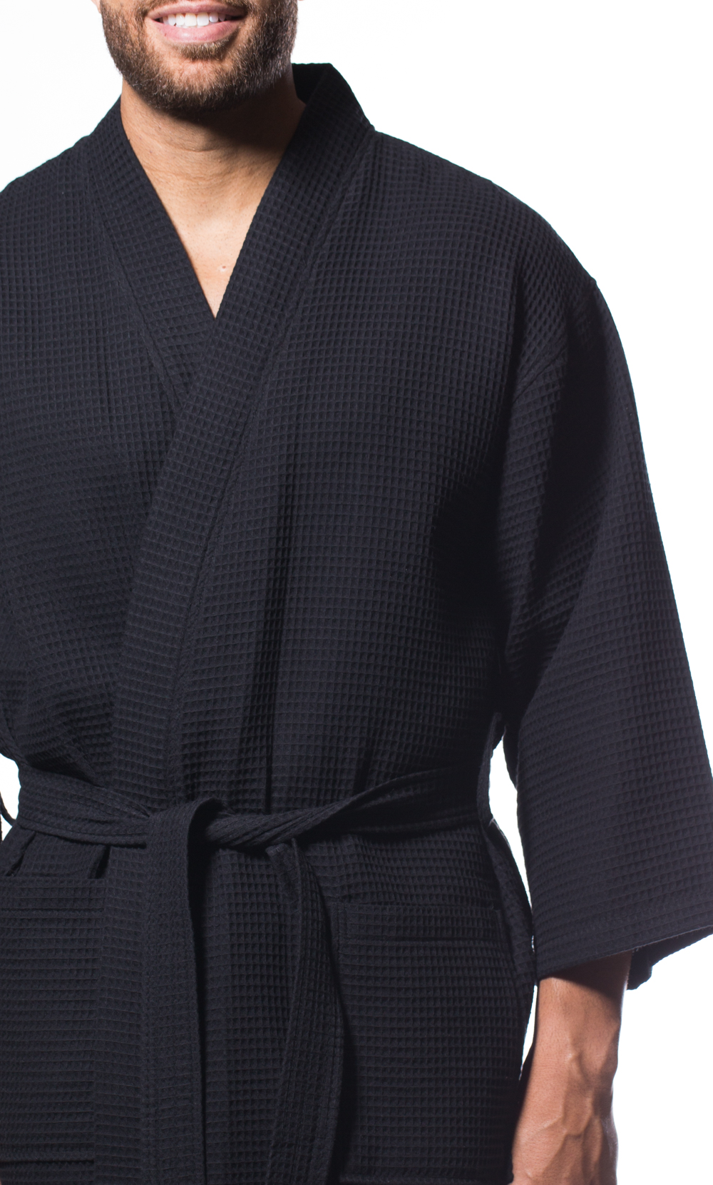 Waffle Kimono Black Long Robe Square Pattern-Robemart.com