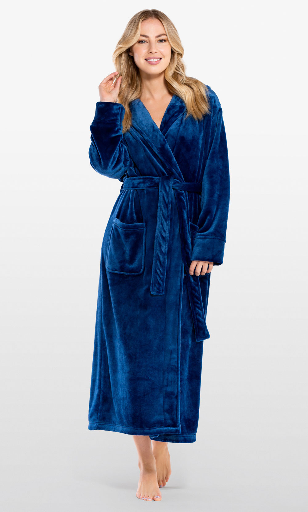 Super Soft Navy Blue Plush Hooded Women's Robe-Robemart.com
