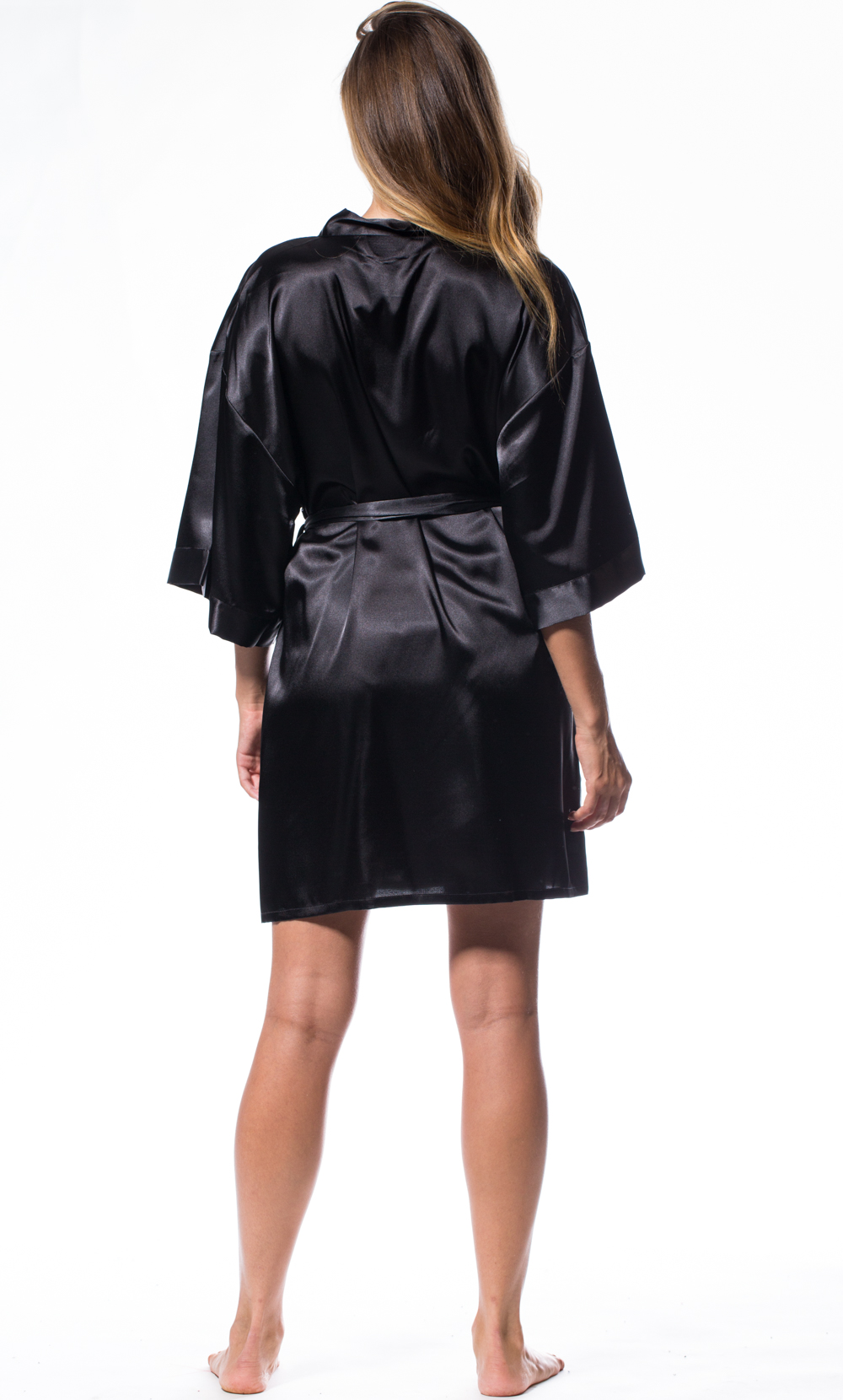 Black Satin Kimono Short Robe-Robemart.com